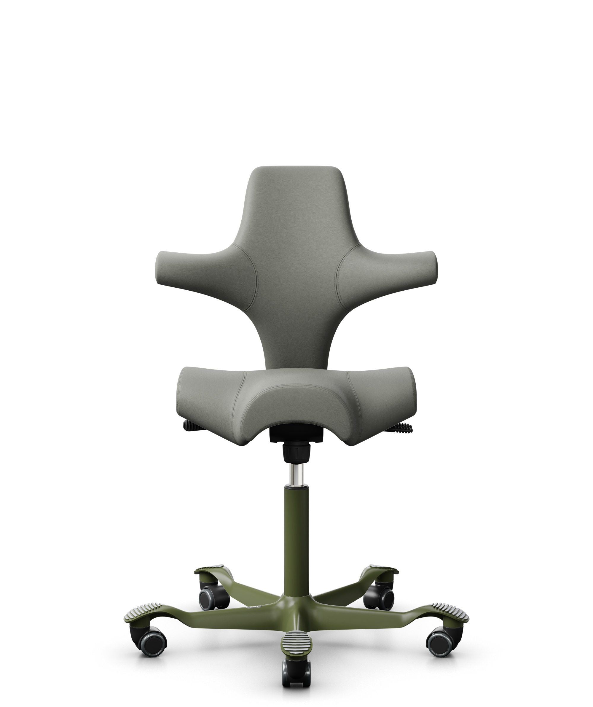 HÅG Capisco 8106 - Paloma Soft (Wollsdorf) - Semi-aniline Leder - PL55115 Warm grey - Framekleur - Moss Grey - Gasveer - 265 mm (Zithoogte 53-79cm) - Vloercontact - Harde wielen t.b.v. zachte vloeren - Voetenring - Nee, geen voetenring - Voetster - Nee... - 1