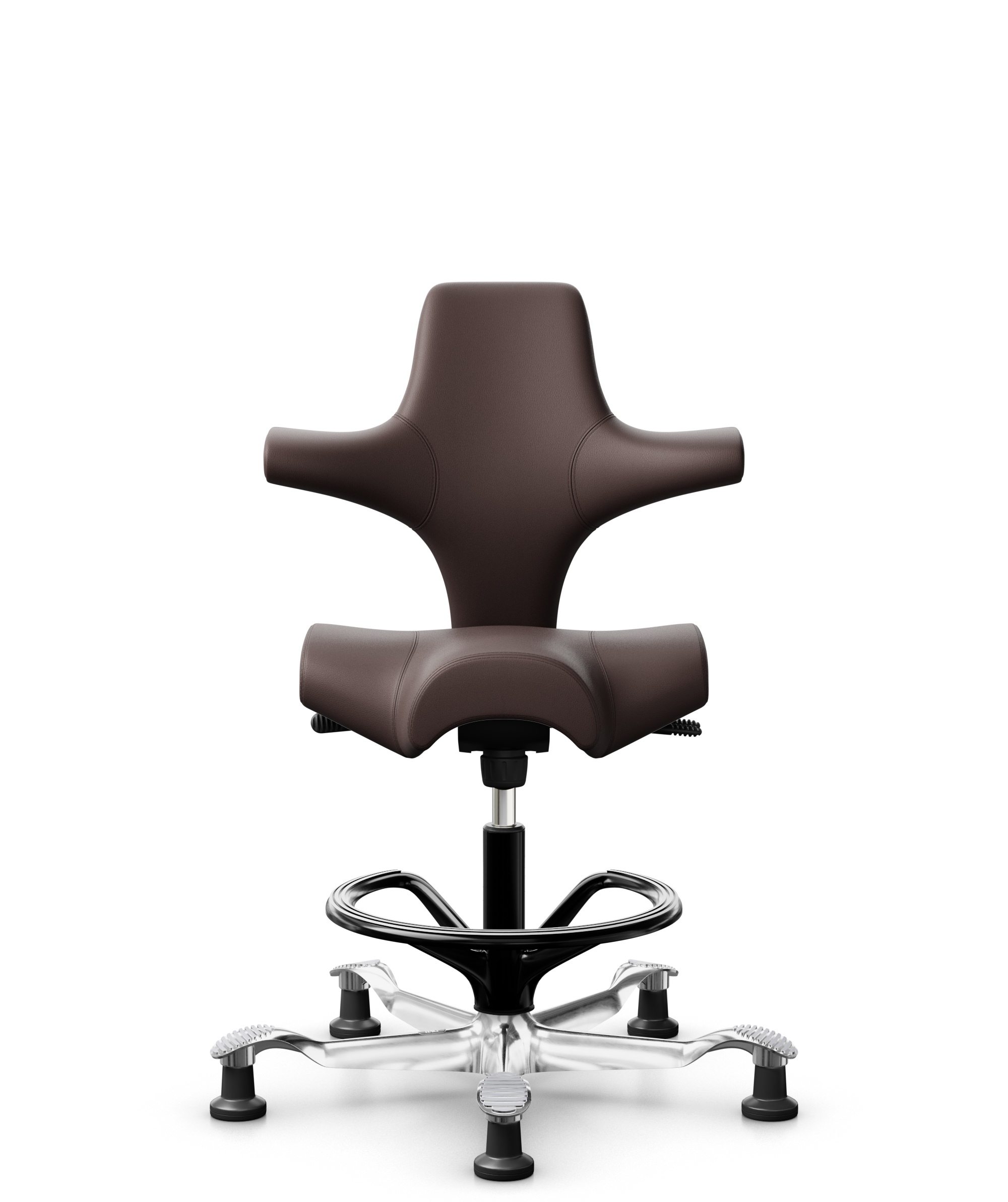 HÅG Capisco 8106 - Paloma Soft (Wollsdorf) - Semi-aniline Leder - PL55130 Dark brown - Framekleur - Zwart - Gasveer - 200 mm (Zithoogte 46-64cm) - Vloercontact - Glijdoppen - Voetenring - Ja, in framekleur - Voetster - Ja, voetster in gepolijst aluminium - 1