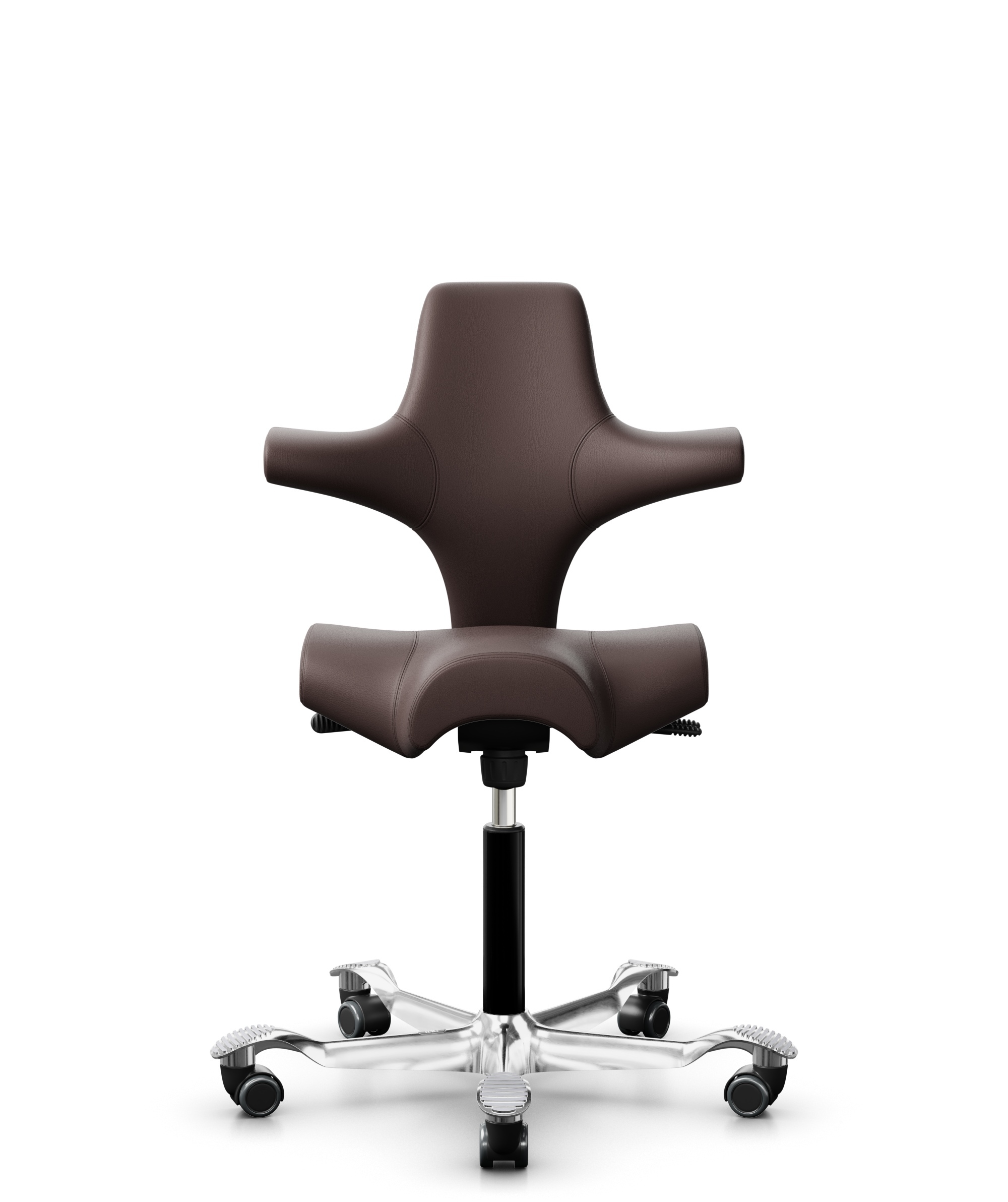 HÅG Capisco 8106 - Paloma Soft (Wollsdorf) - Semi-aniline Leder - PL55130 Dark brown - Framekleur - Zwart - Gasveer - 265 mm (Zithoogte 53-79cm) - Vloercontact - Harde wielen t.b.v. zachte vloeren - Voetenring - Nee, geen voetenring - Voetster - Ja, vo... - 1