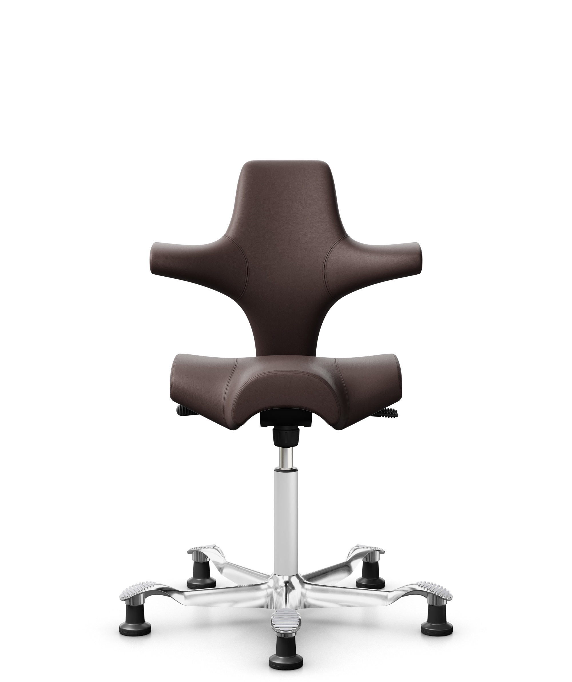 HÅG Capisco 8106 - Paloma Soft (Wollsdorf) - Semi-aniline Leder - PL55130 Dark brown - Framekleur - Wit - Gasveer - 150 mm (Zithoogte 40-55cm) - Vloercontact - Glijdoppen - Voetenring - Nee, geen voetenring - Voetster - Ja, voetster in gepolijst aluminium - 1