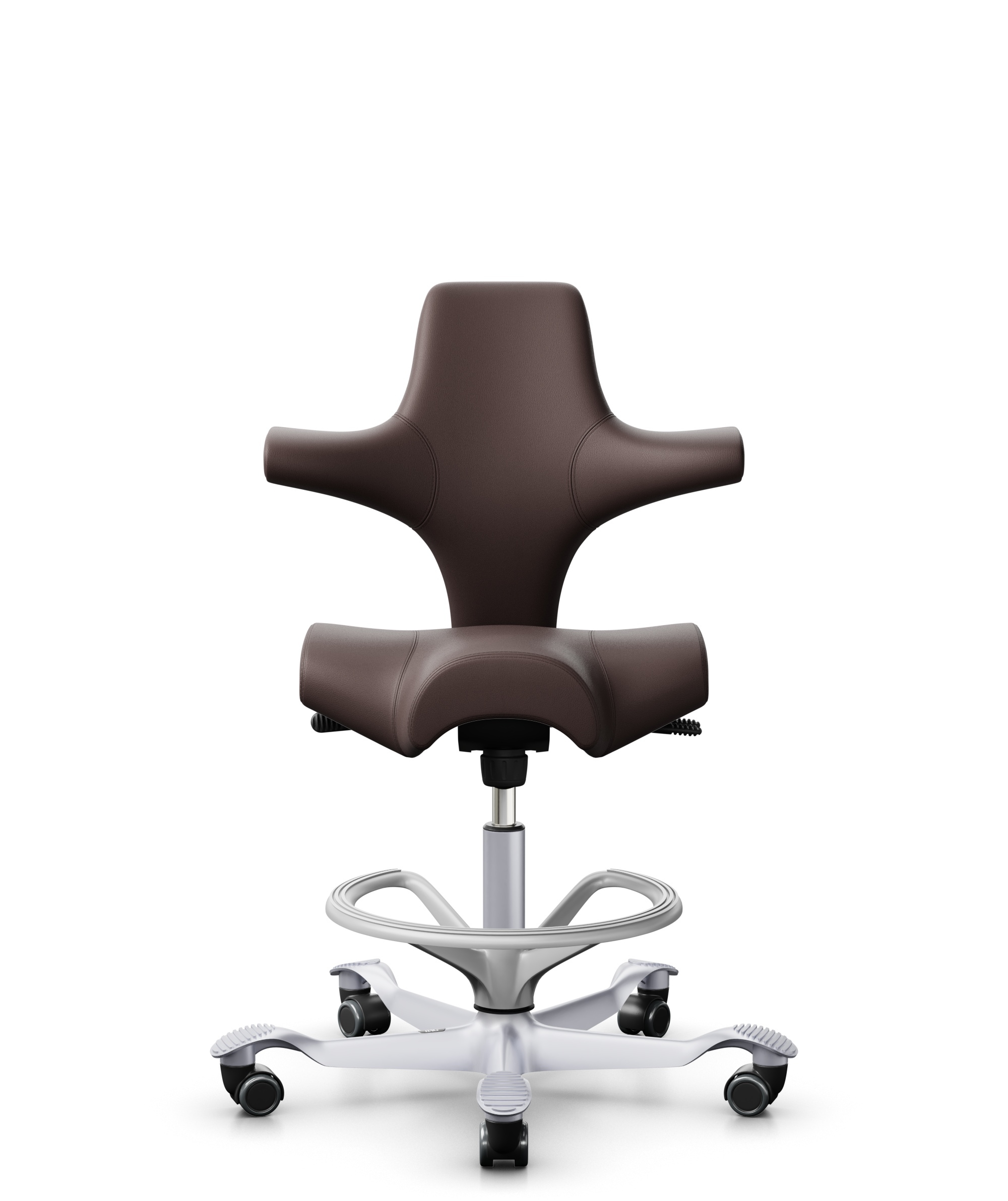 HÅG Capisco 8106 - Paloma Soft (Wollsdorf) - Semi-aniline Leder - PL55130 Dark brown - Framekleur - Zilver - Gasveer - 200 mm (Zithoogte 46-64cm) - Vloercontact - Harde wielen t.b.v. zachte vloeren - Voetenring - Ja, in framekleur - Voetster - Nee, voe... - 1