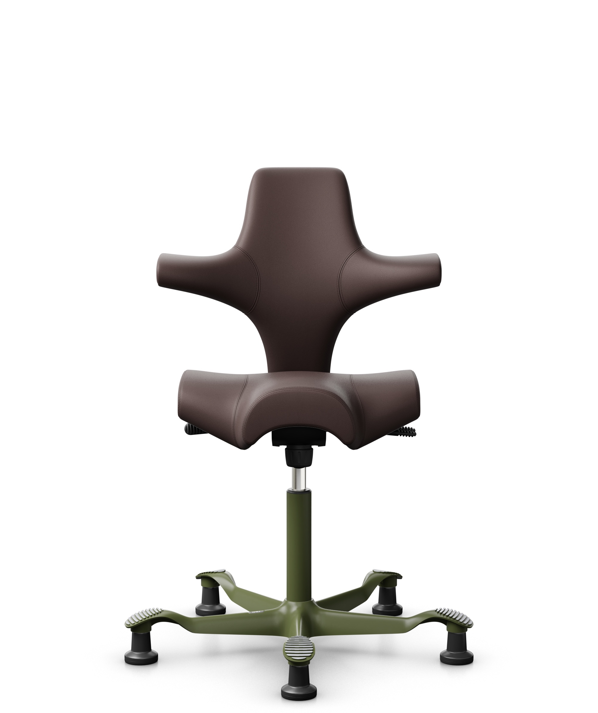 HÅG Capisco 8106 - Paloma Soft (Wollsdorf) - Semi-aniline Leder - PL55130 Dark brown - Framekleur - Moss Grey - Gasveer - 150 mm (Zithoogte 40-55cm) - Vloercontact - Glijdoppen - Voetenring - Nee, geen voetenring - Voetster - Nee, voetster in framekleur - 1