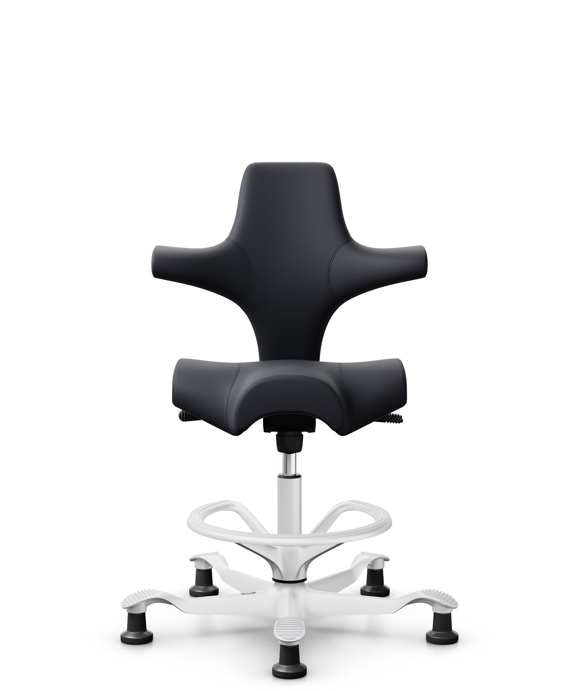 HÅG Capisco 8106 - Paloma Soft (Wollsdorf) - Semi-aniline Leder - PL55185 Charcoal - Framekleur - Wit - Gasveer - 265 mm (Zithoogte 53-79cm) - Vloercontact - Glijdoppen - Voetenring - Ja, in framekleur - Voetster - Nee, voetster in framekleur - 1