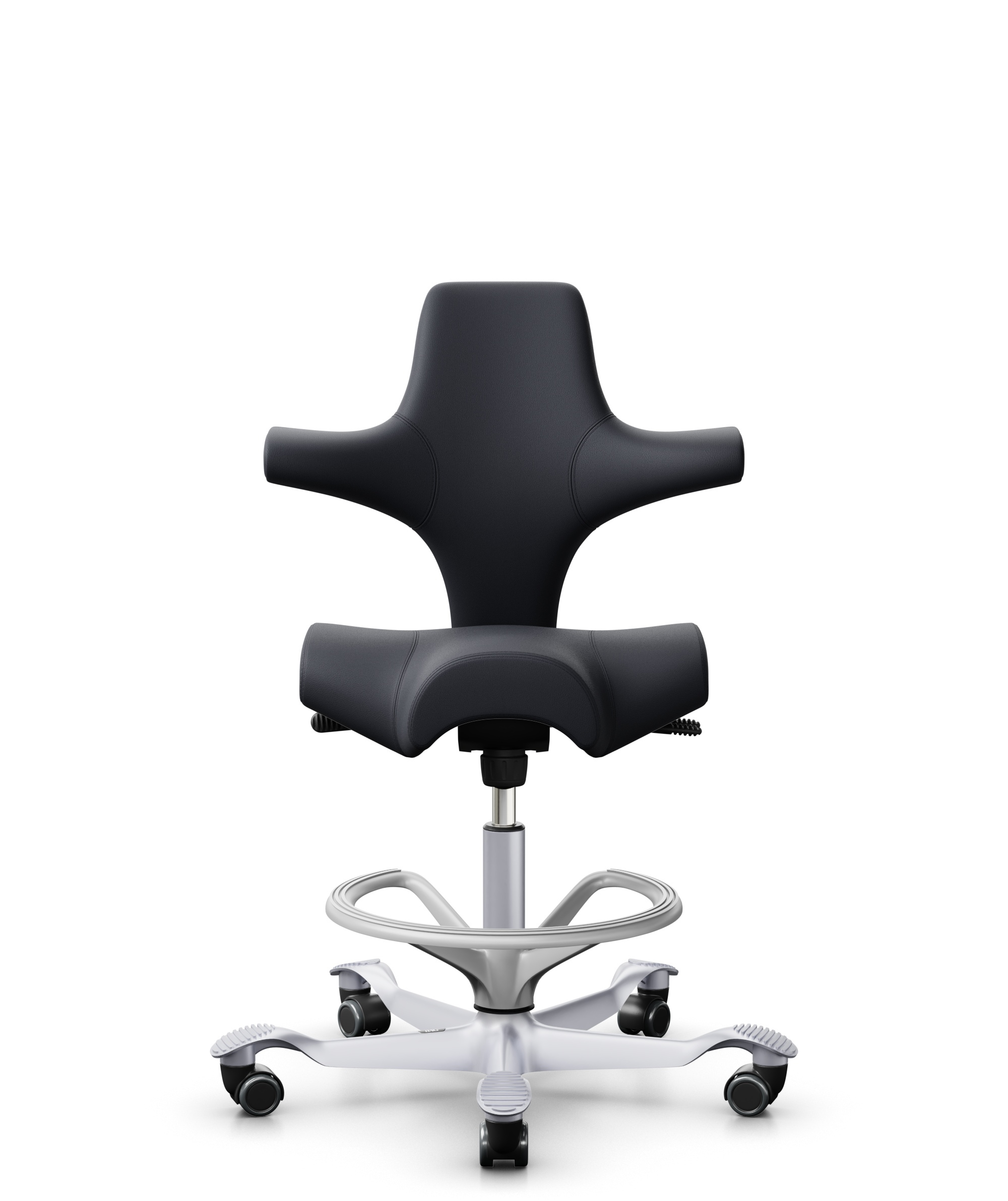 HÅG Capisco 8106 - Paloma Soft (Wollsdorf) - Semi-aniline Leder - PL55185 Charcoal - Framekleur - Zilver - Gasveer - 265 mm (Zithoogte 53-79cm) - Vloercontact - Harde wielen t.b.v. zachte vloeren - Voetenring - Ja, in framekleur - Voetster - Nee, voets... - 1