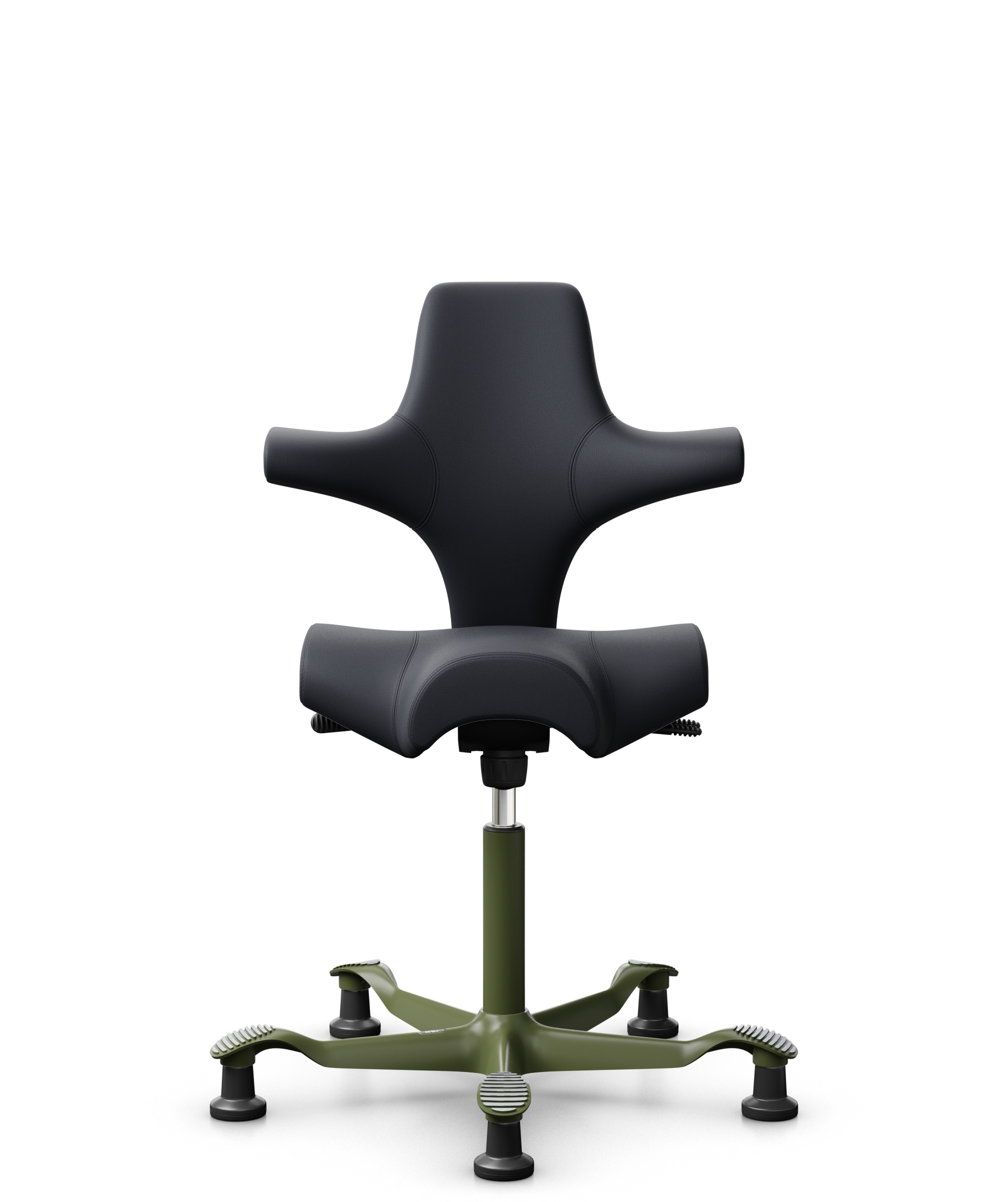 HÅG Capisco 8106 - Paloma Soft (Wollsdorf) - Semi-aniline Leder - PL55185 Charcoal - Framekleur - Moss Grey - Gasveer - 200 mm (Zithoogte 46-64cm) - Vloercontact - Glijdoppen - Voetenring - Nee, geen voetenring - Voetster - Nee, voetster in framekleur - 1