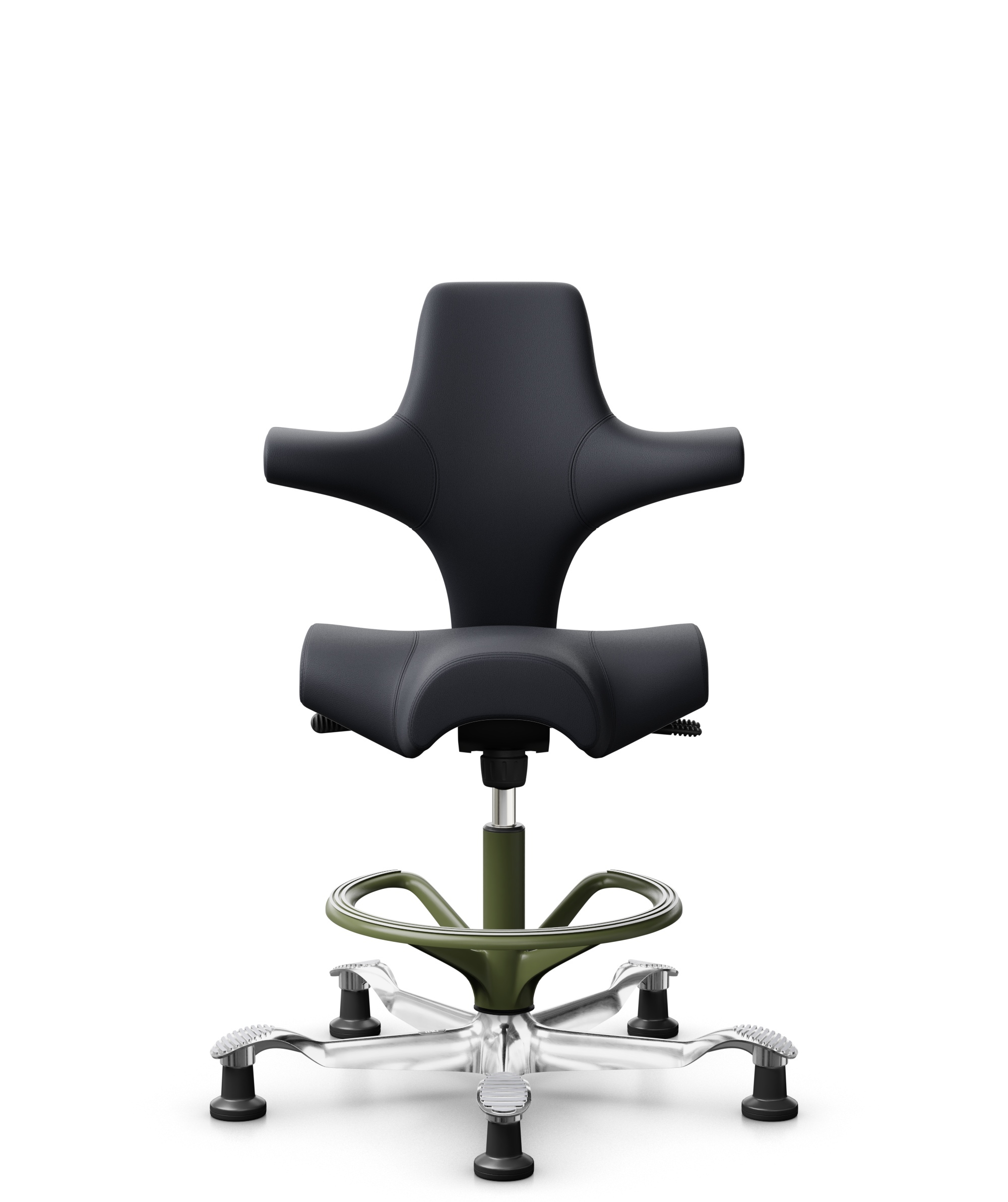 HÅG Capisco 8106 - Paloma Soft (Wollsdorf) - Semi-aniline Leder - PL55185 Charcoal - Framekleur - Moss Grey - Gasveer - 265 mm (Zithoogte 53-79cm) - Vloercontact - Glijdoppen - Voetenring - Ja, in framekleur - Voetster - Ja, voetster in gepolijst alumi... - 1