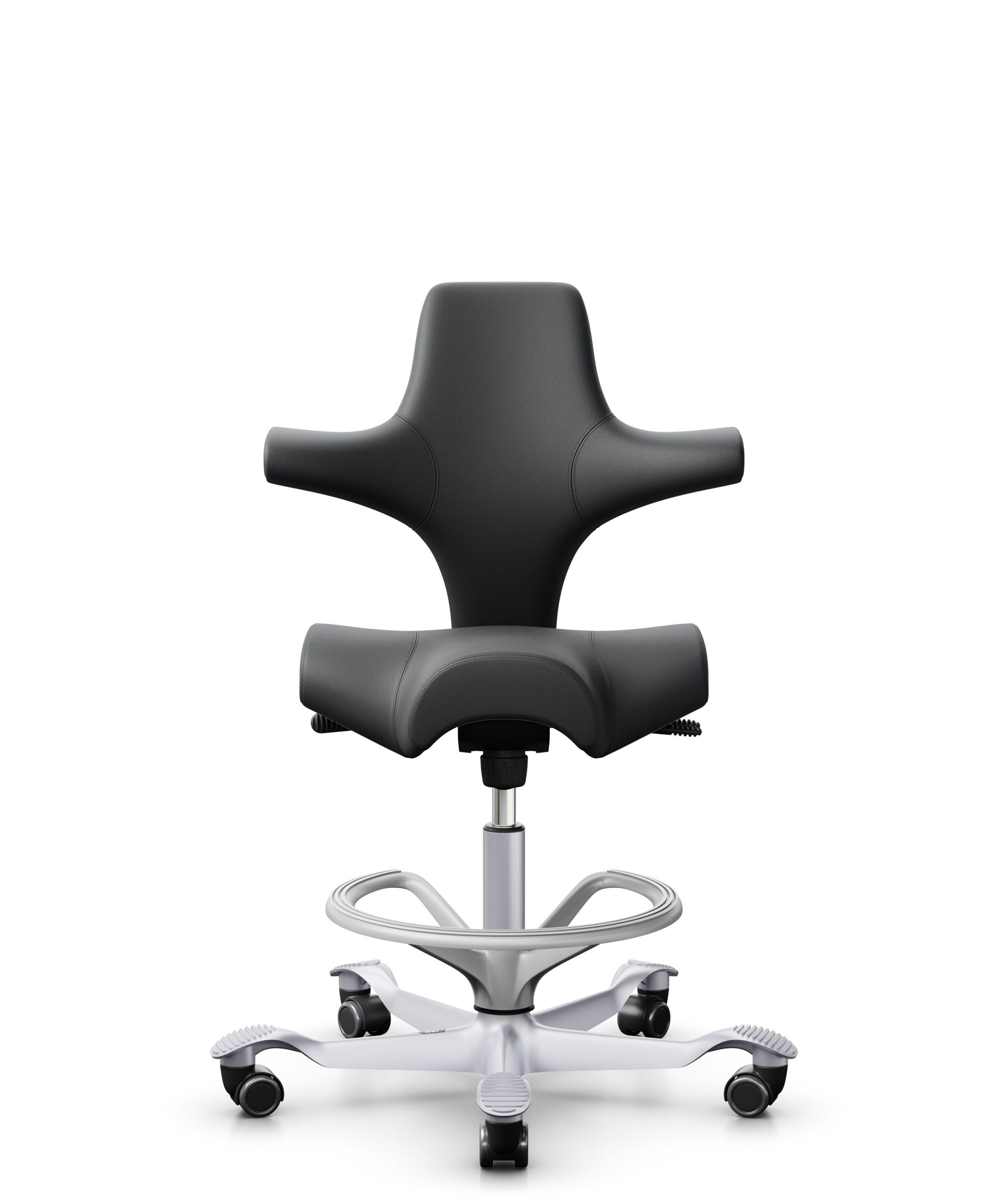 HÅG Capisco 8106 - Paloma Soft (Wollsdorf) - Semi-aniline Leder - PL55206 Grey - Framekleur - Zilver - Gasveer - 265 mm (Zithoogte 53-79cm) - Vloercontact - Harde wielen t.b.v. zachte vloeren - Voetenring - Ja, in framekleur - Voetster - Nee, voetster ... - 1