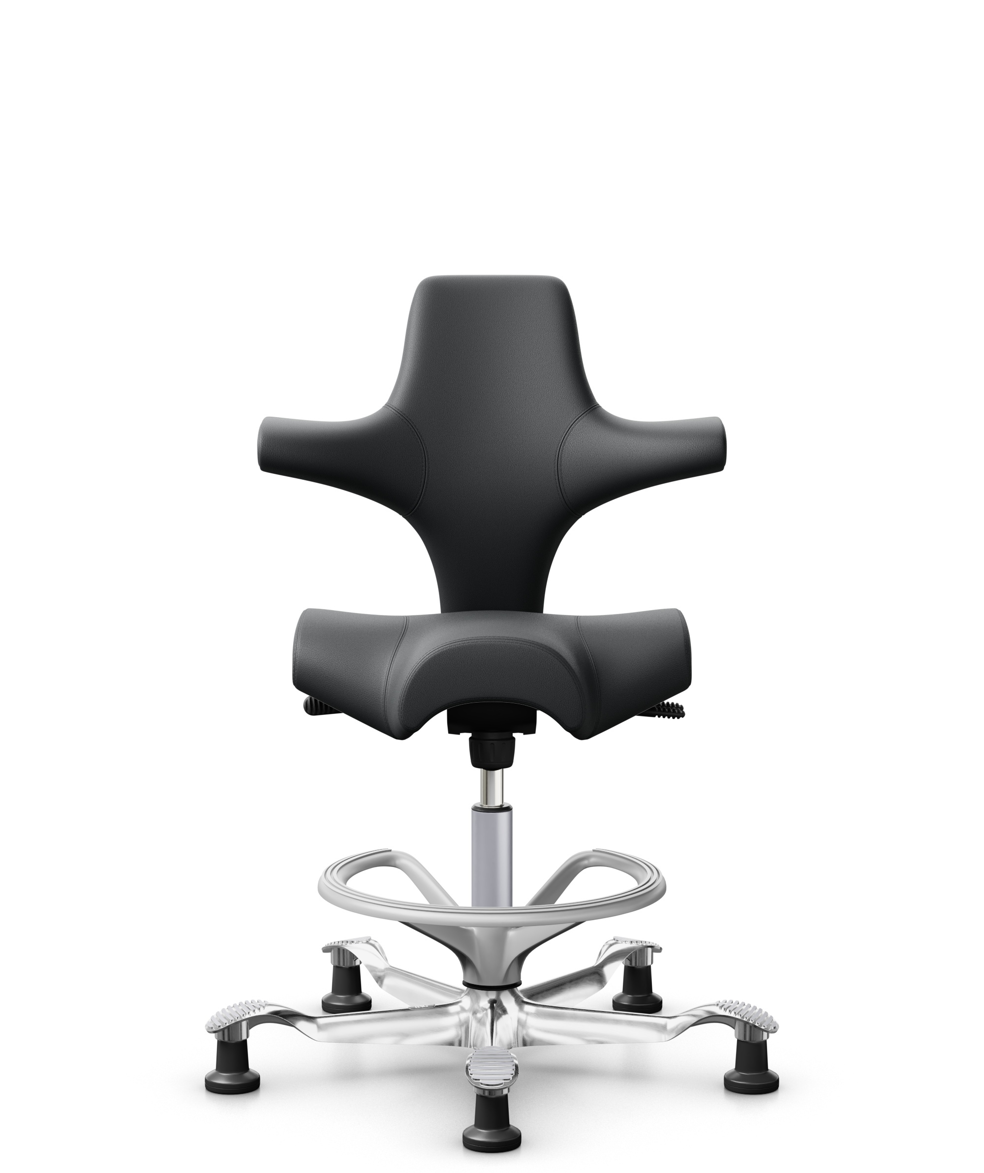 HÅG Capisco 8106 - Paloma Soft (Wollsdorf) - Semi-aniline Leder - PL55206 Grey - Framekleur - Zilver - Gasveer - 265 mm (Zithoogte 53-79cm) - Vloercontact - Glijdoppen - Voetenring - Ja, in framekleur - Voetster - Ja, voetster in gepolijst aluminium - 1