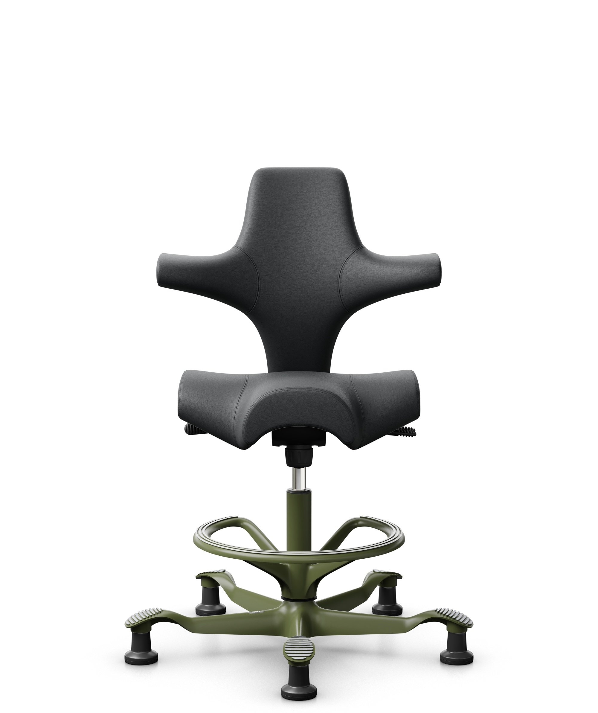 HÅG Capisco 8106 - Paloma Soft (Wollsdorf) - Semi-aniline Leder - PL55206 Grey - Framekleur - Moss Grey - Gasveer - 200 mm (Zithoogte 46-64cm) - Vloercontact - Glijdoppen - Voetenring - Ja, in framekleur - Voetster - Nee, voetster in framekleur - 1