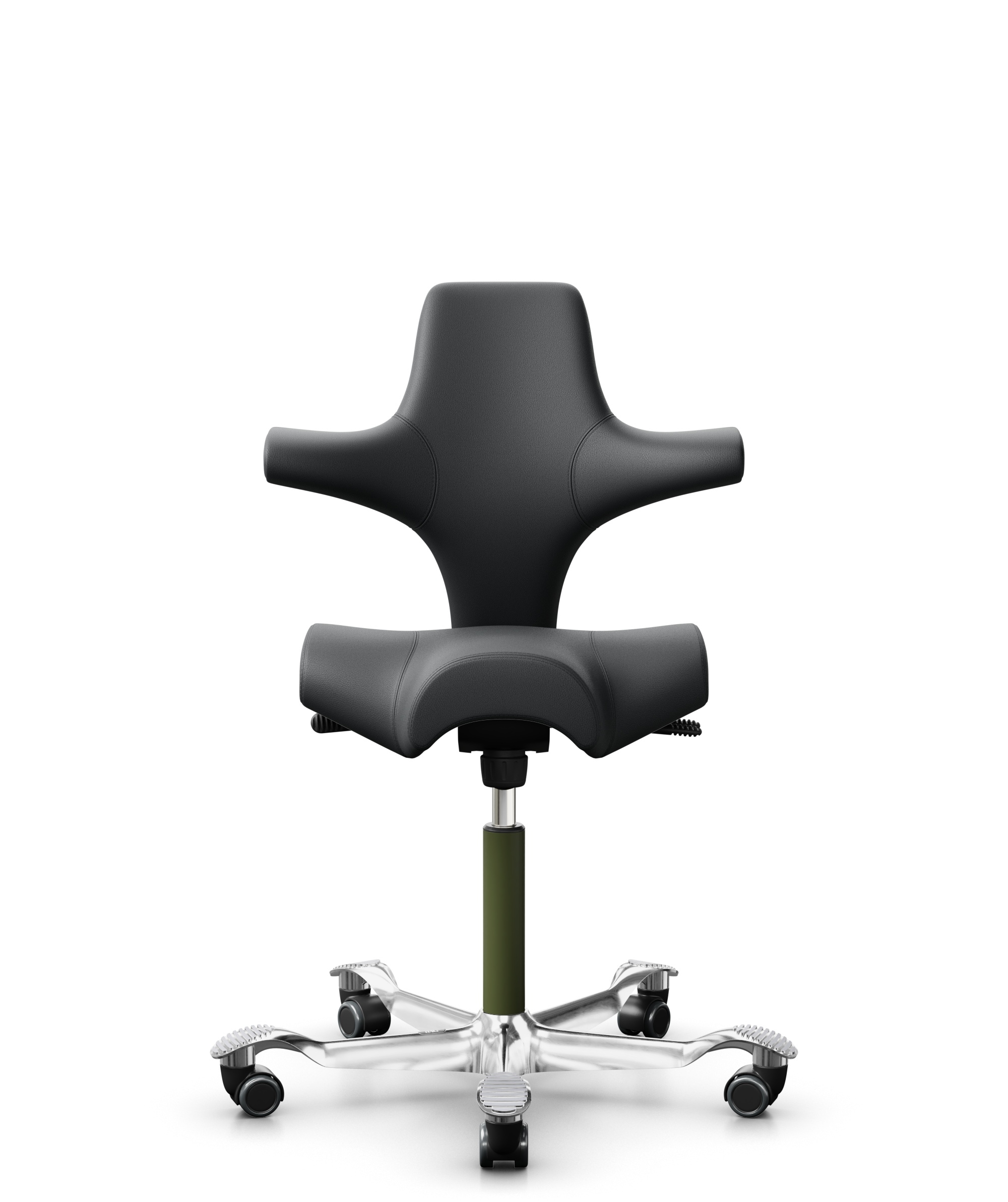 HÅG Capisco 8106 - Paloma Soft (Wollsdorf) - Semi-aniline Leder - PL55206 Grey - Framekleur - Moss Grey - Gasveer - 265 mm (Zithoogte 53-79cm) - Vloercontact - Harde wielen t.b.v. zachte vloeren - Voetenring - Nee, geen voetenring - Voetster - Ja, voet... - 1