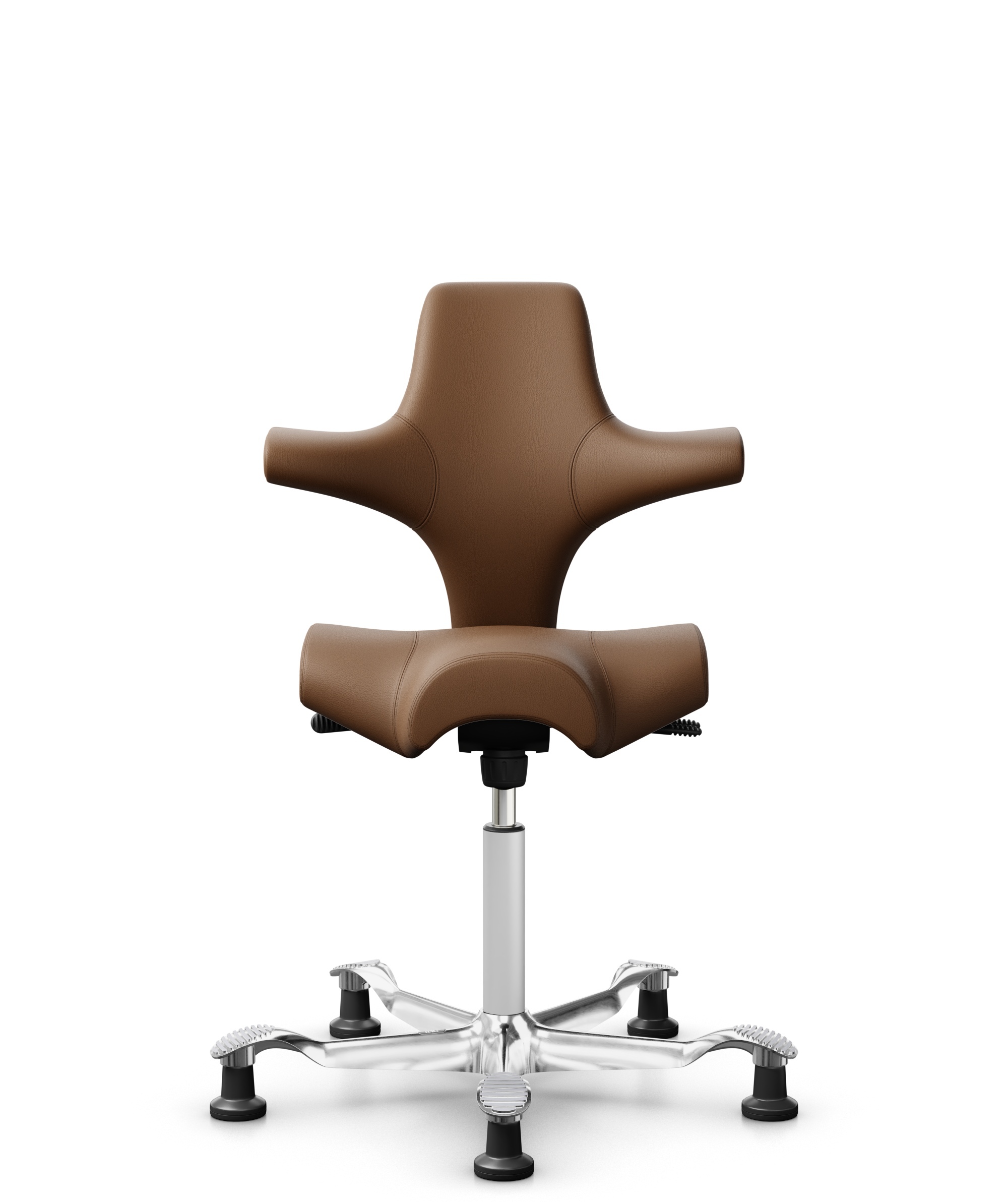 HÅG Capisco 8106 - Paloma Soft (Wollsdorf) - Semi-aniline Leder - PL05429 Cognac - Framekleur - Wit - Gasveer - 150 mm (Zithoogte 40-55cm) - Vloercontact - Glijdoppen - Voetenring - Nee, geen voetenring - Voetster - Ja, voetster in gepolijst aluminium - 1