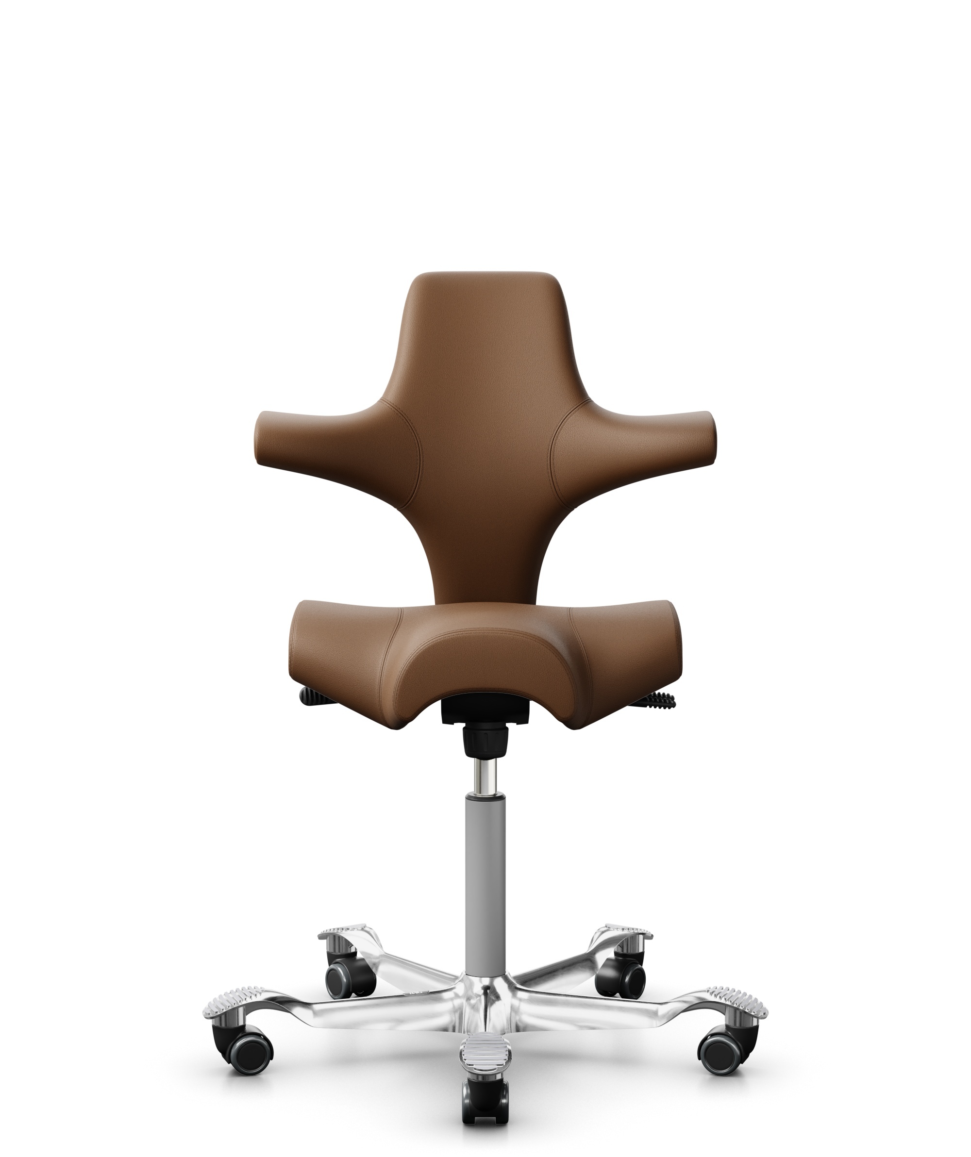 HÅG Capisco 8106 - Paloma Soft (Wollsdorf) - Semi-aniline Leder - PL05429 Cognac - Framekleur - Zilver - Gasveer - 200 mm (Zithoogte 46-64cm) - Vloercontact - Zachte wielen t.b.v. harde vloeren - Voetenring - Nee, geen voetenring - Voetster - Ja, voets... - 1