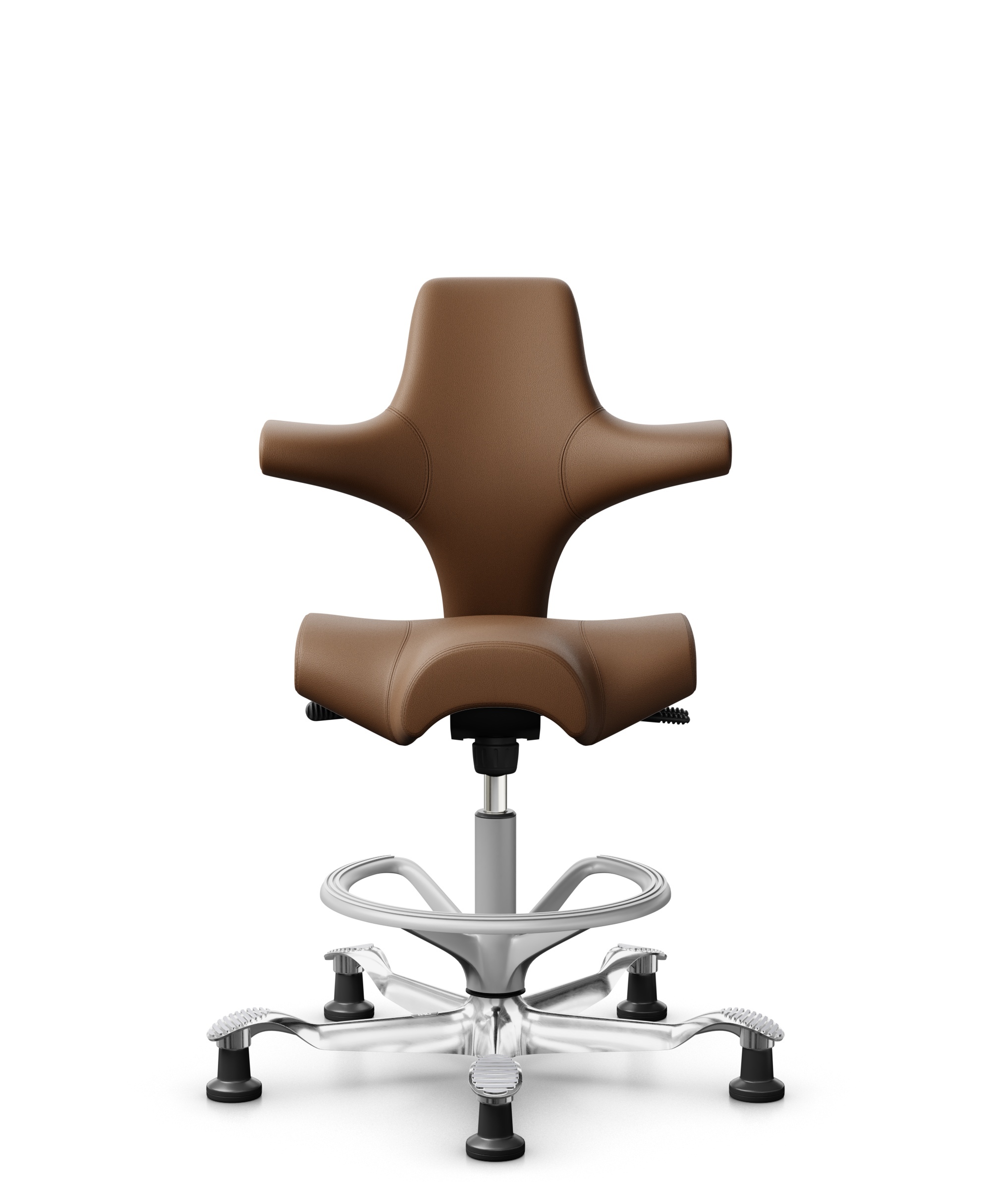 HÅG Capisco 8106 - Paloma Soft (Wollsdorf) - Semi-aniline Leder - PL05429 Cognac - Framekleur - Zilver - Gasveer - 265 mm (Zithoogte 53-79cm) - Vloercontact - Glijdoppen - Voetenring - Ja, in framekleur - Voetster - Ja, voetster in gepolijst aluminium - 1
