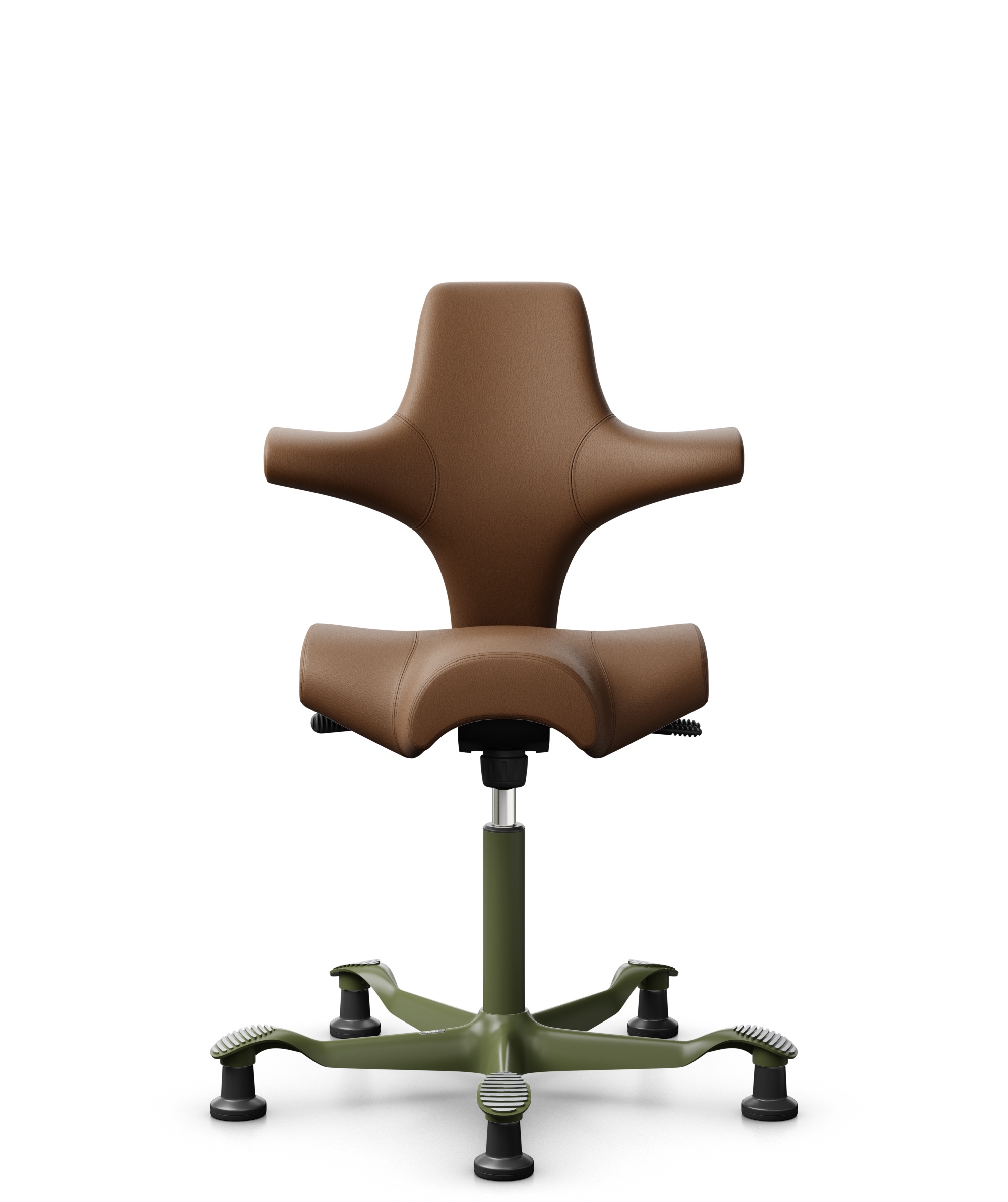 HÅG Capisco 8106 - Paloma Soft (Wollsdorf) - Semi-aniline Leder - PL05429 Cognac - Framekleur - Moss Grey - Gasveer - 150 mm (Zithoogte 40-55cm) - Vloercontact - Glijdoppen - Voetenring - Nee, geen voetenring - Voetster - Nee, voetster in framekleur - 1