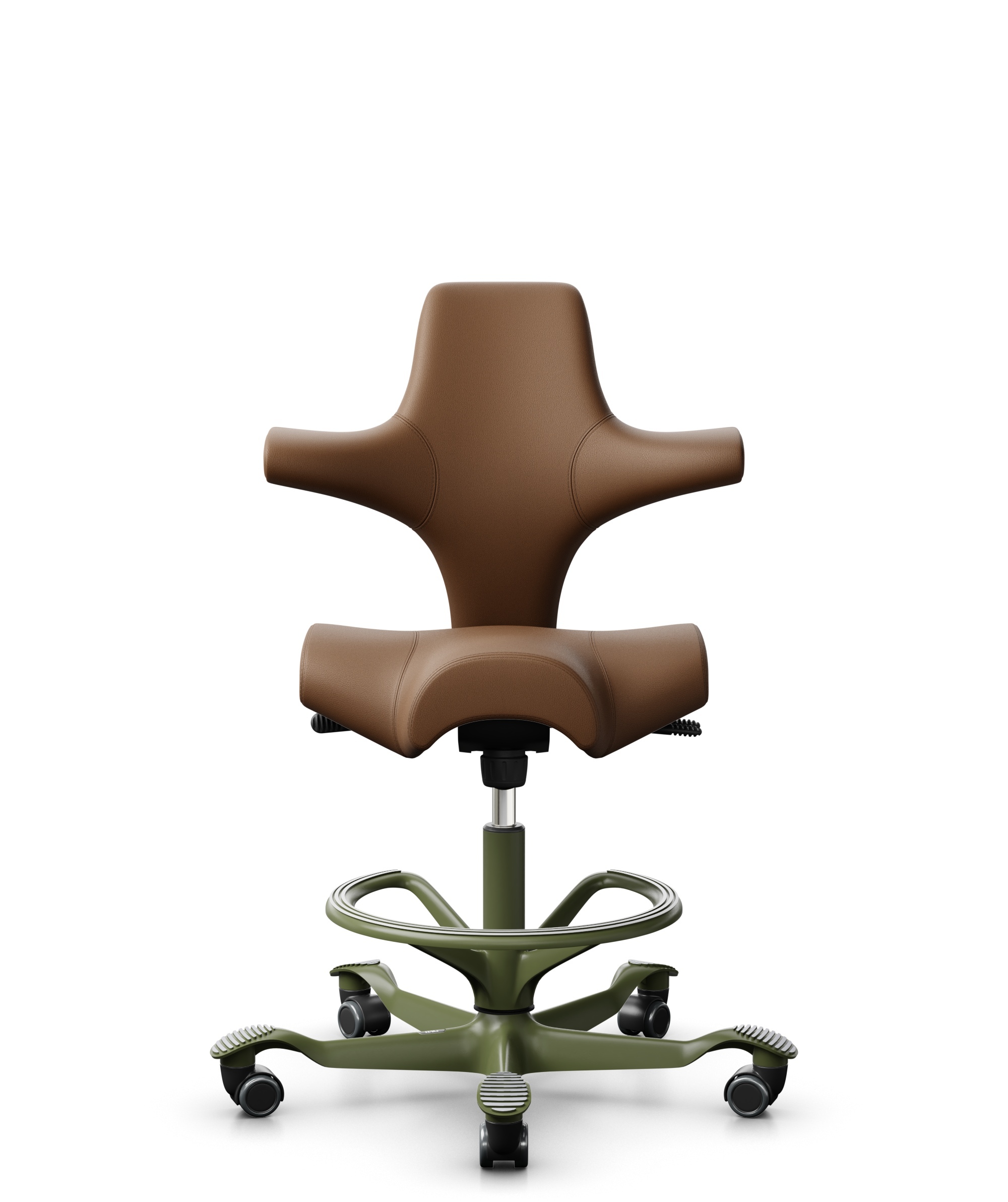 HÅG Capisco 8106 - Paloma Soft (Wollsdorf) - Semi-aniline Leder - PL05429 Cognac - Framekleur - Moss Grey - Gasveer - 200 mm (Zithoogte 46-64cm) - Vloercontact - Harde wielen t.b.v. zachte vloeren - Voetenring - Ja, in framekleur - Voetster - Nee, voet... - 1