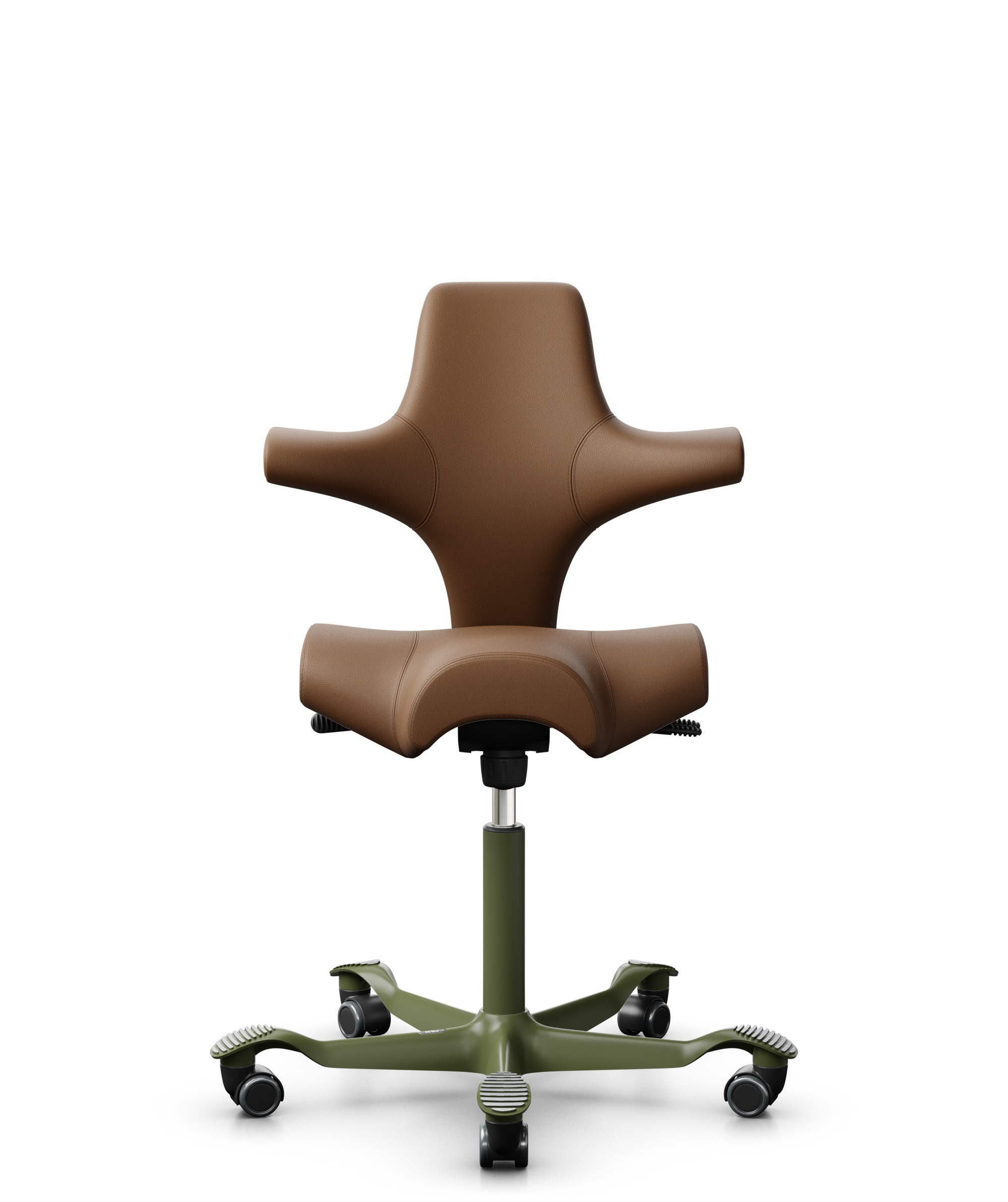 HÅG Capisco 8106 - Paloma Soft (Wollsdorf) - Semi-aniline Leder - PL05429 Cognac - Framekleur - Moss Grey - Gasveer - 265 mm (Zithoogte 53-79cm) - Vloercontact - Harde wielen t.b.v. zachte vloeren - Voetenring - Nee, geen voetenring - Voetster - Nee, v... - 1