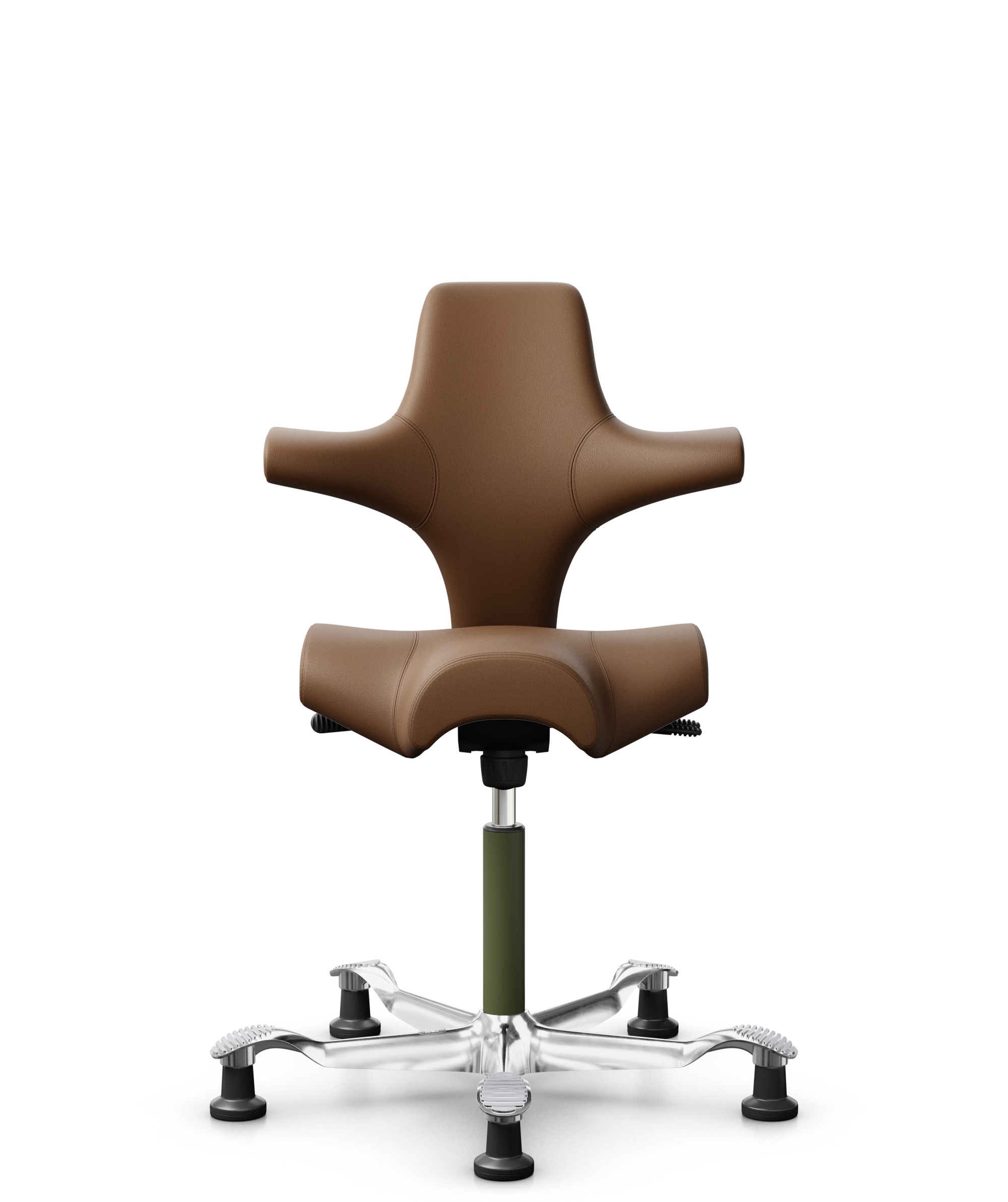 HÅG Capisco 8106 - Paloma Soft (Wollsdorf) - Semi-aniline Leder - PL05429 Cognac - Framekleur - Moss Grey - Gasveer - 265 mm (Zithoogte 53-79cm) - Vloercontact - Glijdoppen - Voetenring - Nee, geen voetenring - Voetster - Ja, voetster in gepolijst alum... - 1