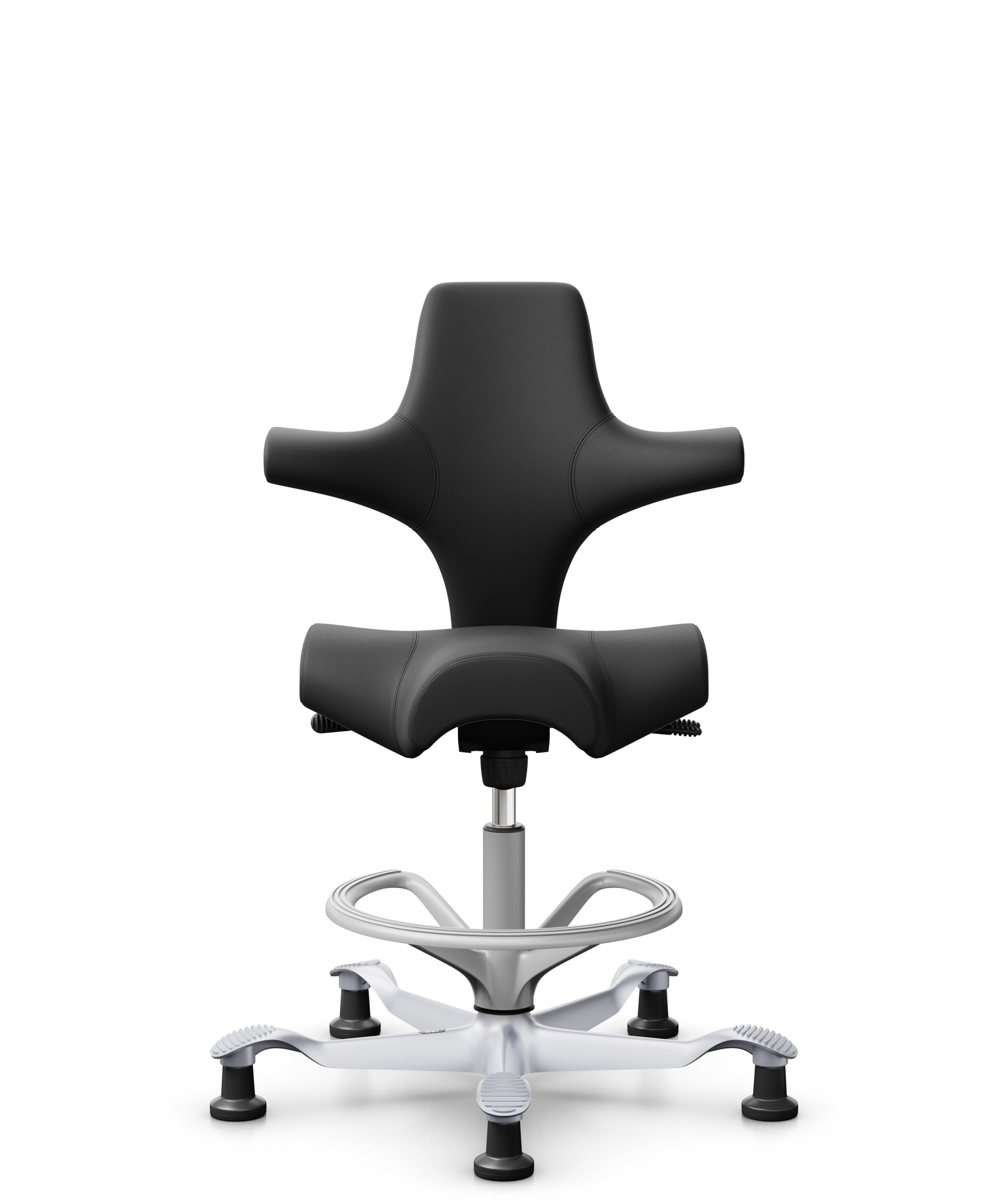 HÅG Capisco 8106 - Paloma Soft (Wollsdorf) - Semi-aniline Leder - PL56100 Black - Framekleur - Zilver - Gasveer - 200 mm (Zithoogte 46-64cm) - Vloercontact - Glijdoppen - Voetenring - Ja, in framekleur - Voetster - Nee, voetster in framekleur - 1