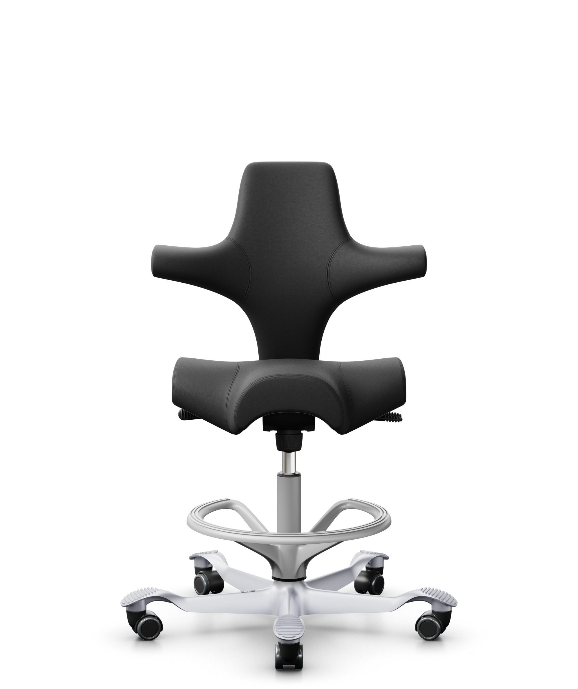 HÅG Capisco 8106 - Paloma Soft (Wollsdorf) - Semi-aniline Leder - PL56100 Black - Framekleur - Zilver - Gasveer - 265 mm (Zithoogte 53-79cm) - Vloercontact - Zachte wielen t.b.v. harde vloeren - Voetenring - Ja, in framekleur - Voetster - Nee, voetster... - 1