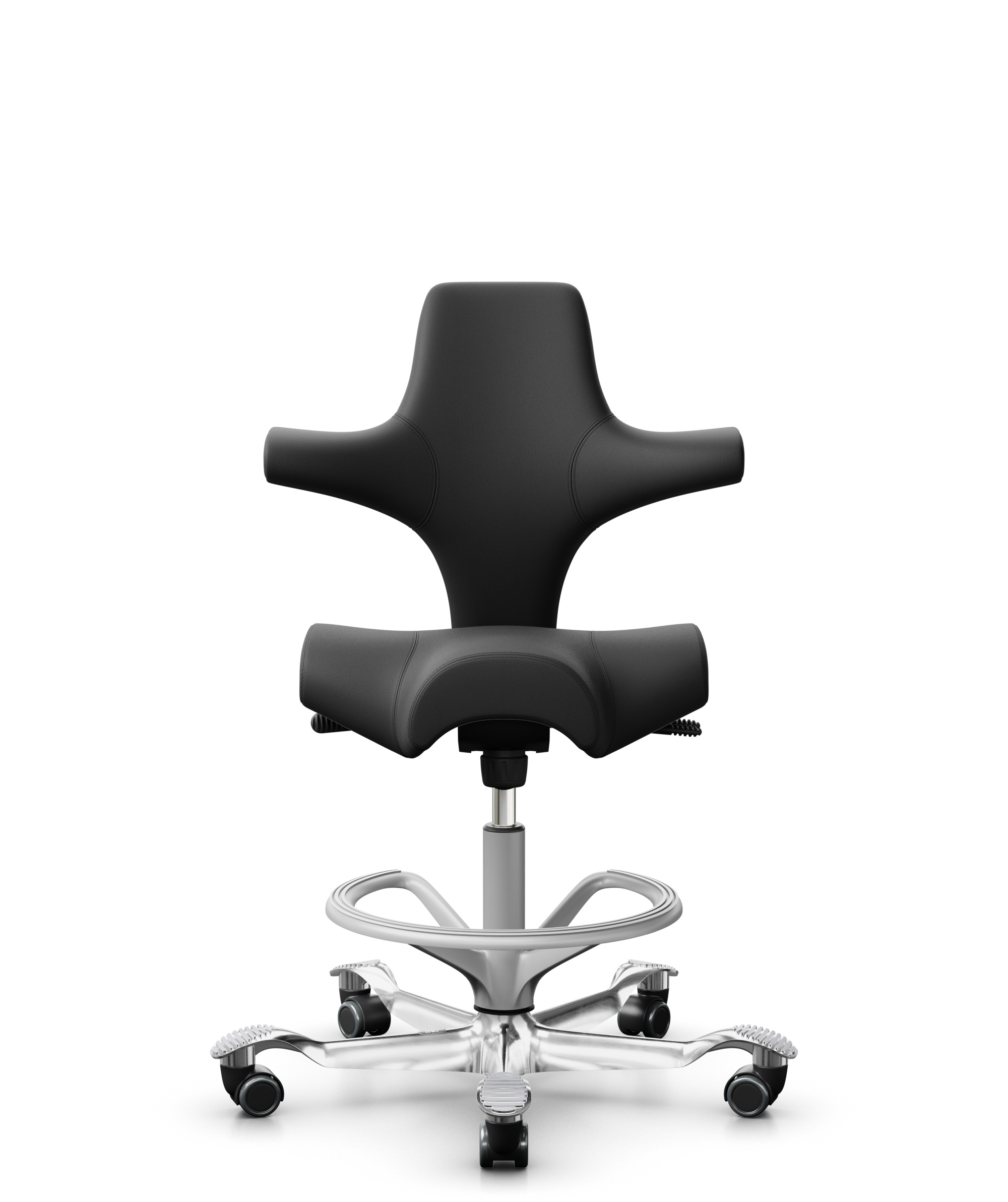 HÅG Capisco 8106 - Paloma Soft (Wollsdorf) - Semi-aniline Leder - PL56100 Black - Framekleur - Zilver - Gasveer - 265 mm (Zithoogte 53-79cm) - Vloercontact - Zachte wielen t.b.v. harde vloeren - Voetenring - Ja, in framekleur - Voetster - Ja, voetster ... - 1