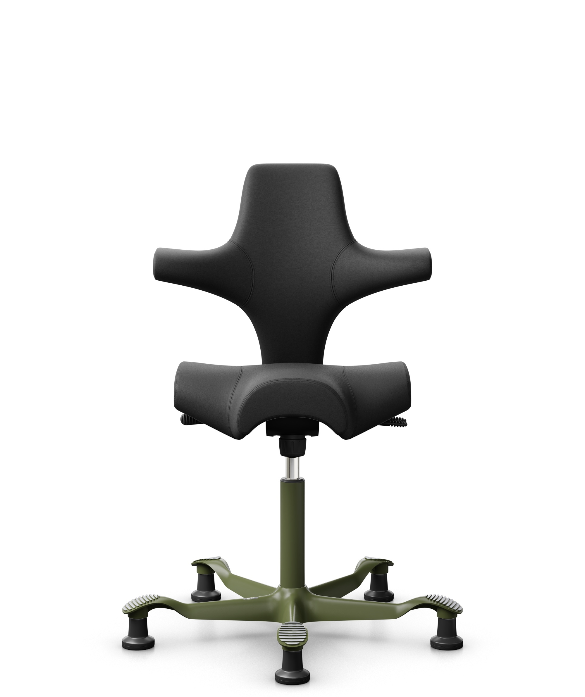 HÅG Capisco 8106 - Paloma Soft (Wollsdorf) - Semi-aniline Leder - PL56100 Black - Framekleur - Moss Grey - Gasveer - 150 mm (Zithoogte 40-55cm) - Vloercontact - Glijdoppen - Voetenring - Nee, geen voetenring - Voetster - Nee, voetster in framekleur - 1