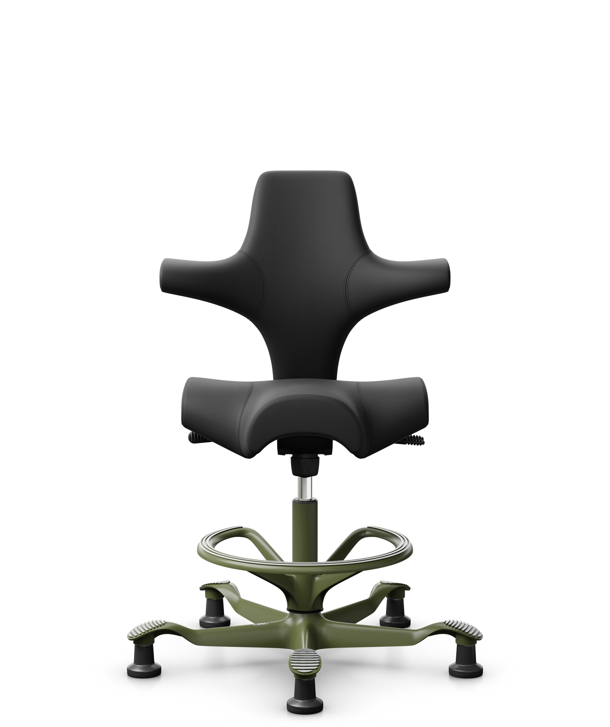 HÅG Capisco 8106 - Paloma Soft (Wollsdorf) - Semi-aniline Leder - PL56100 Black - Framekleur - Moss Grey - Gasveer - 200 mm (Zithoogte 46-64cm) - Vloercontact - Glijdoppen - Voetenring - Ja, in framekleur - Voetster - Nee, voetster in framekleur - 1