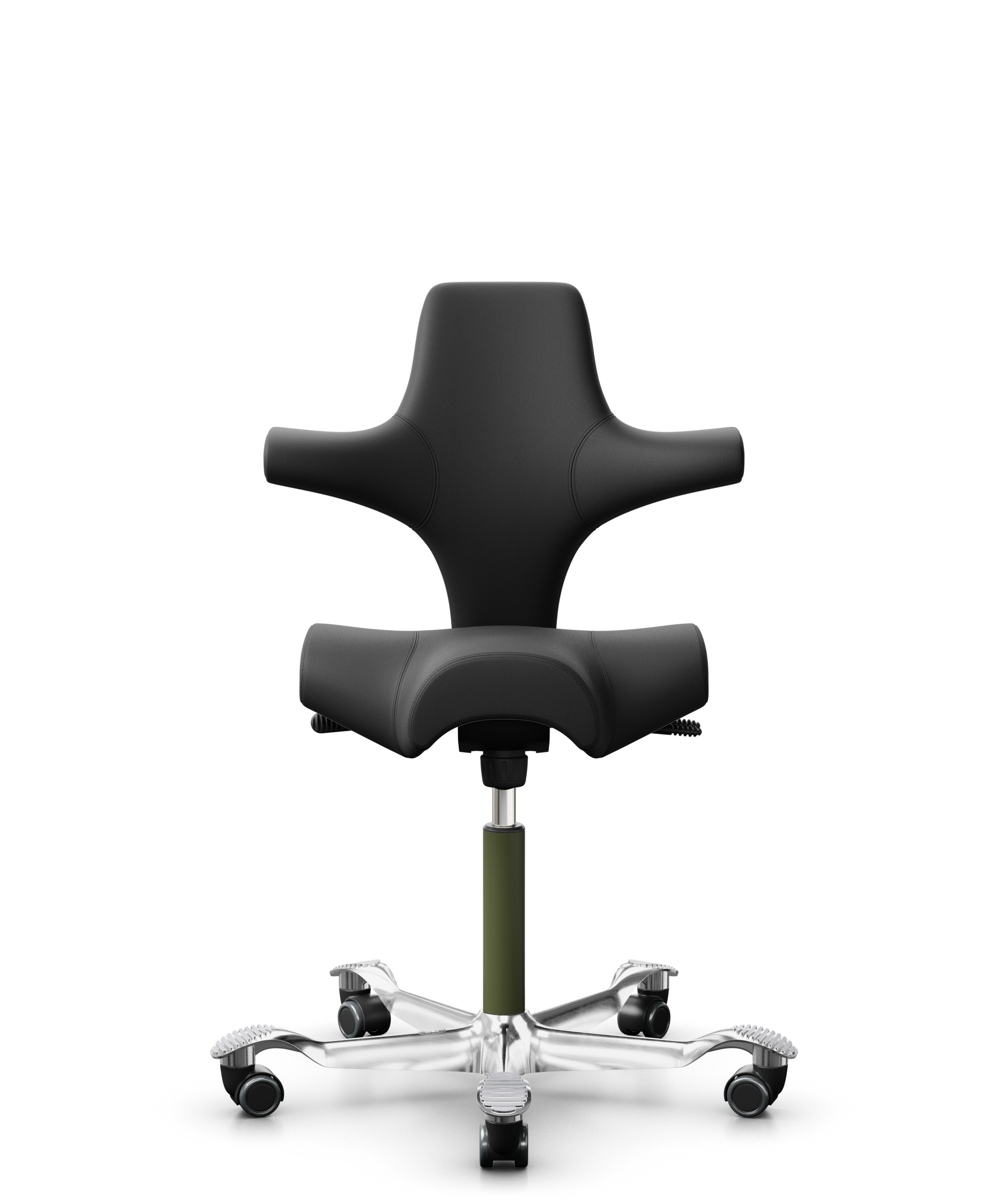 HÅG Capisco 8106 - Paloma Soft (Wollsdorf) - Semi-aniline Leder - PL56100 Black - Framekleur - Moss Grey - Gasveer - 265 mm (Zithoogte 53-79cm) - Vloercontact - Zachte wielen t.b.v. harde vloeren - Voetenring - Nee, geen voetenring - Voetster - Ja, voe... - 1