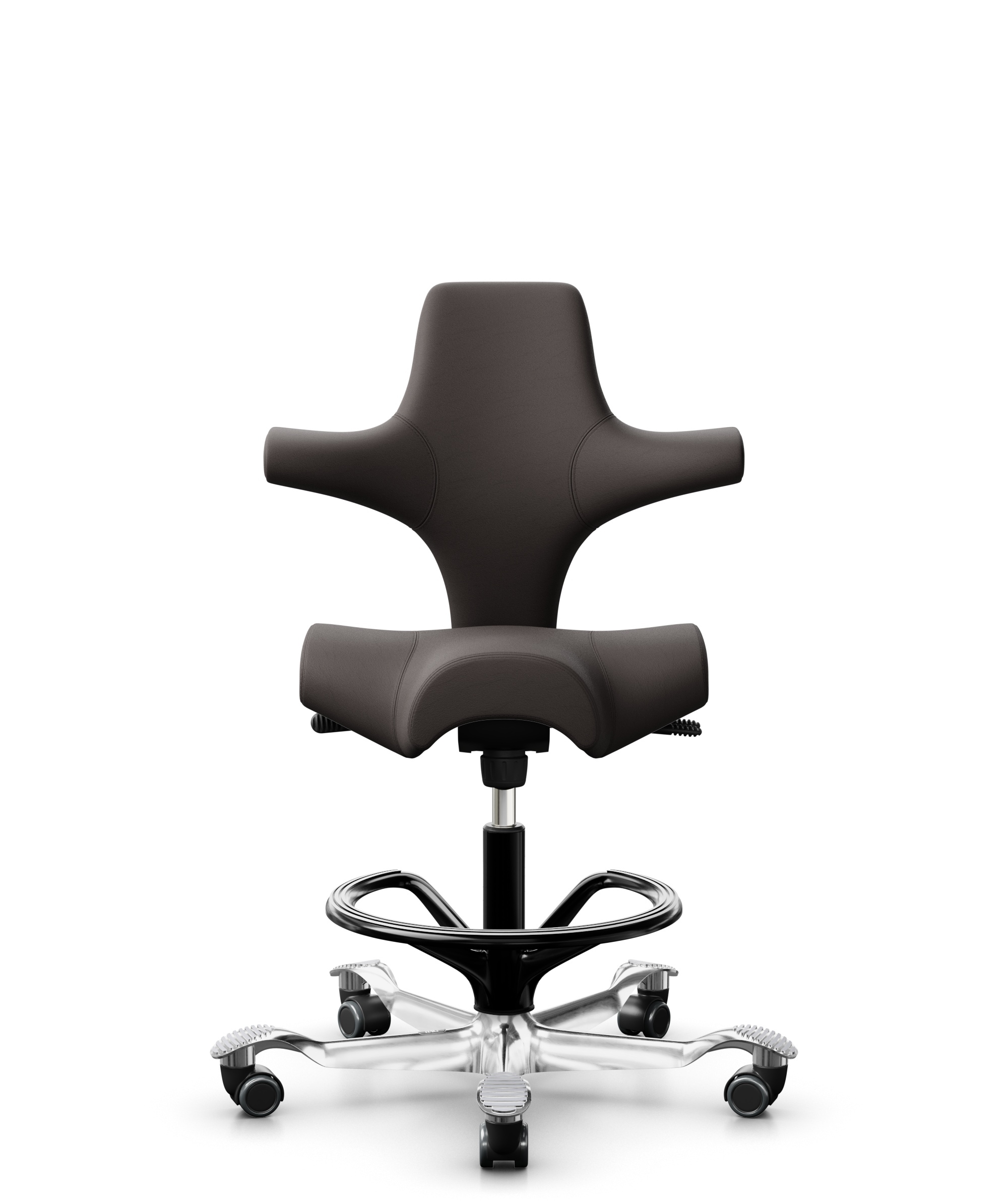 HÅG Capisco 8106 - Elmosoft (Elmo) - Semi-aniline Leder - EL93068 - Dark brown - Framekleur - Zwart - Gasveer - 265 mm (Zithoogte 53-79cm) - Vloercontact - Harde wielen t.b.v. zachte vloeren - Voetenring - Ja, in framekleur - Voetster - Ja, voetster in... - 1