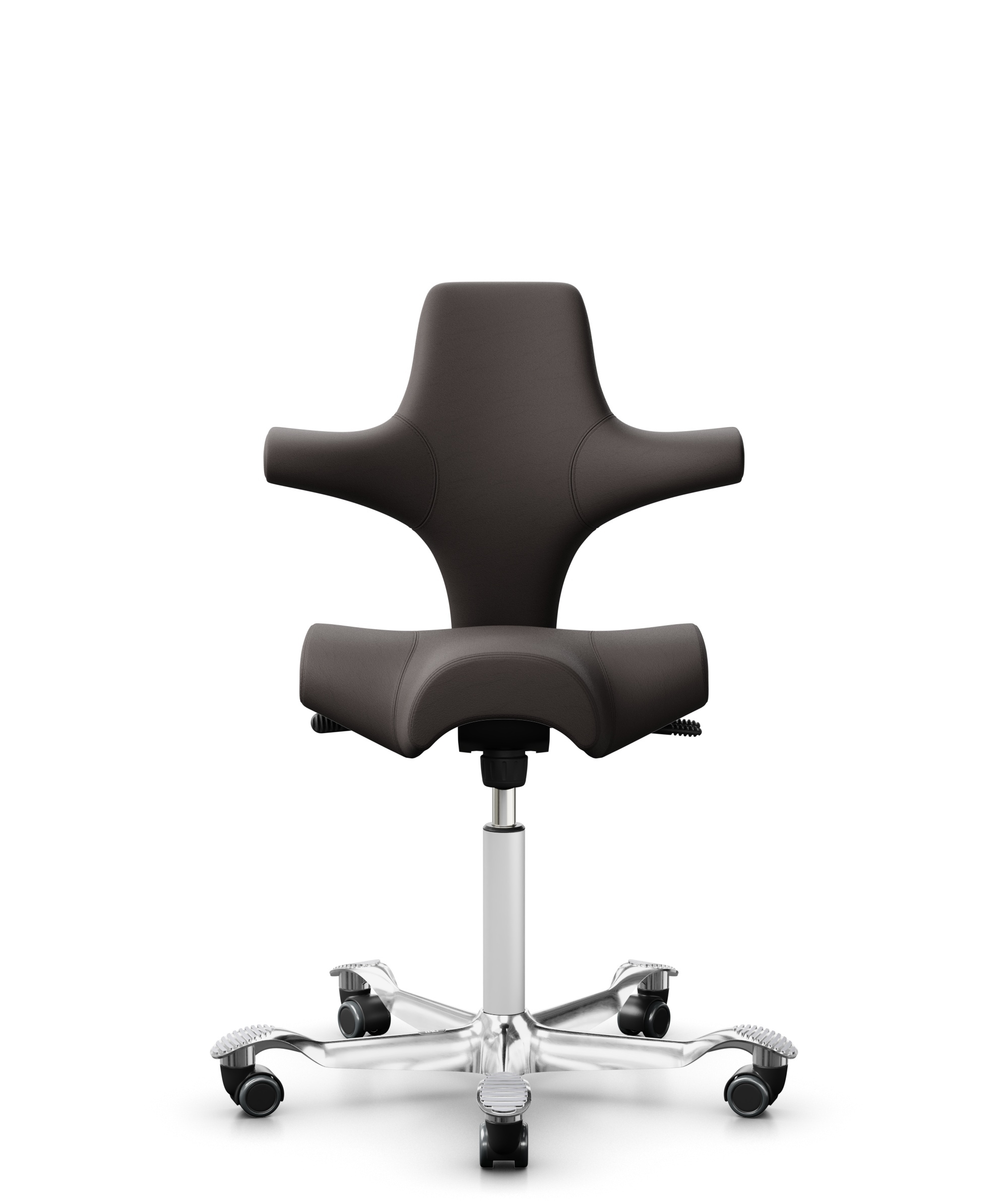 HÅG Capisco 8106 - Elmosoft (Elmo) - Semi-aniline Leder - EL93068 - Dark brown - Framekleur - Wit - Gasveer - 265 mm (Zithoogte 53-79cm) - Vloercontact - Zachte wielen t.b.v. harde vloeren - Voetenring - Nee, geen voetenring - Voetster - Ja, voetster i... - 1