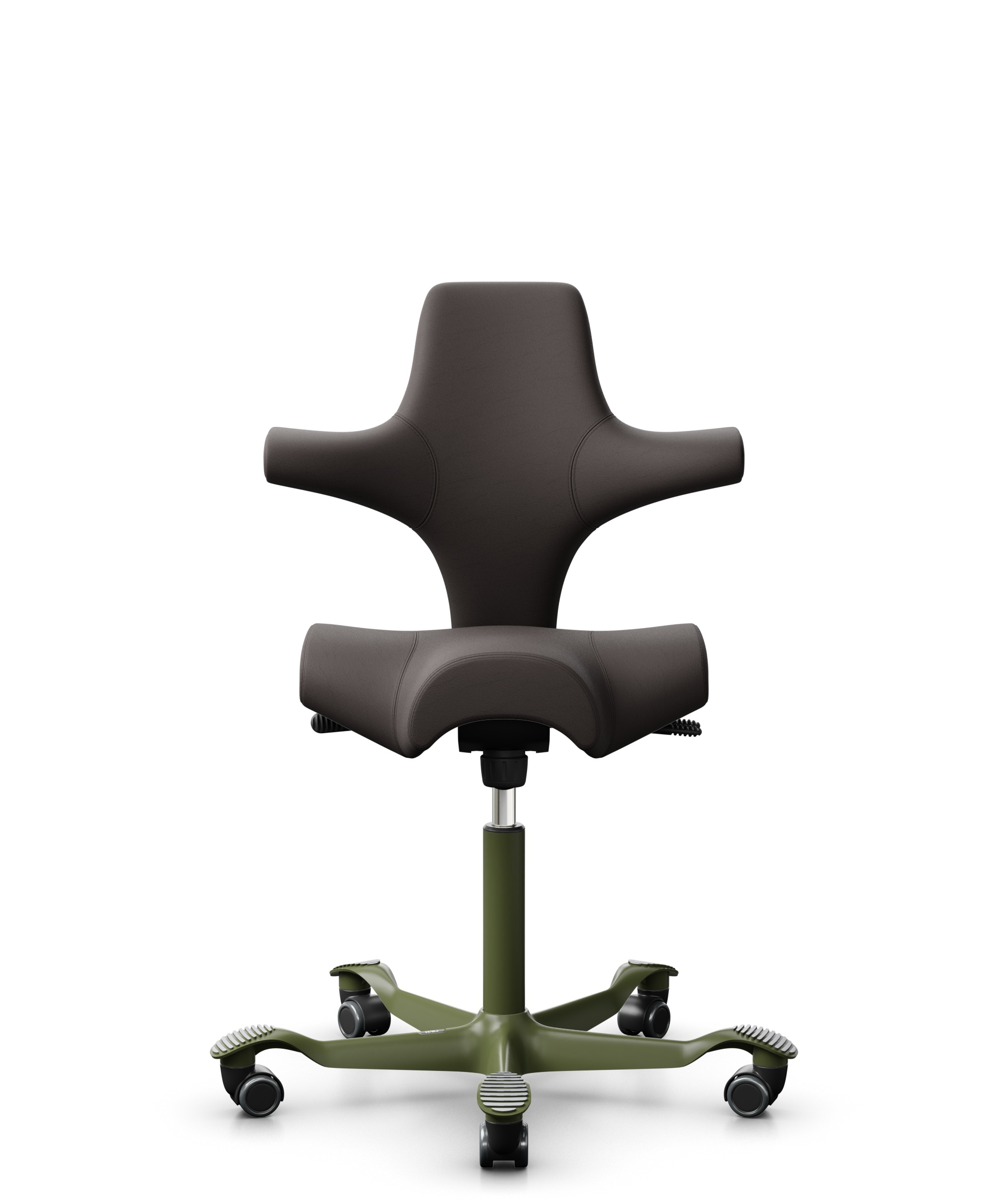HÅG Capisco 8106 - Elmosoft (Elmo) - Semi-aniline Leder - EL93068 - Dark brown - Framekleur - Moss Grey - Gasveer - 200 mm (Zithoogte 46-64cm) - Vloercontact - Zachte wielen t.b.v. harde vloeren - Voetenring - Nee, geen voetenring - Voetster - Nee, voe... - 1