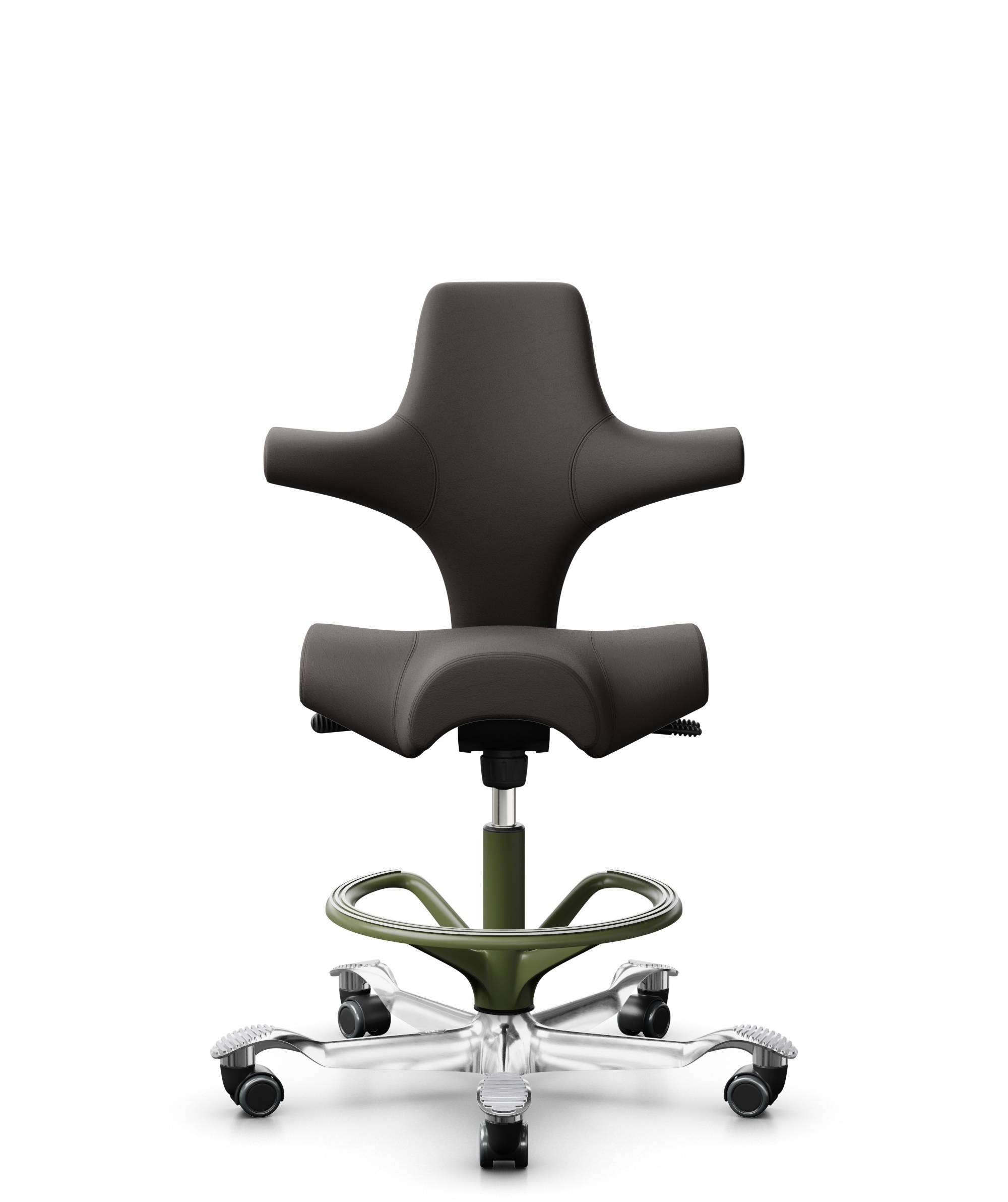 HÅG Capisco 8106 - Elmosoft (Elmo) - Semi-aniline Leder - EL93068 - Dark brown - Framekleur - Moss Grey - Gasveer - 265 mm (Zithoogte 53-79cm) - Vloercontact - Harde wielen t.b.v. zachte vloeren - Voetenring - Ja, in framekleur - Voetster - Ja, voetste... - 1
