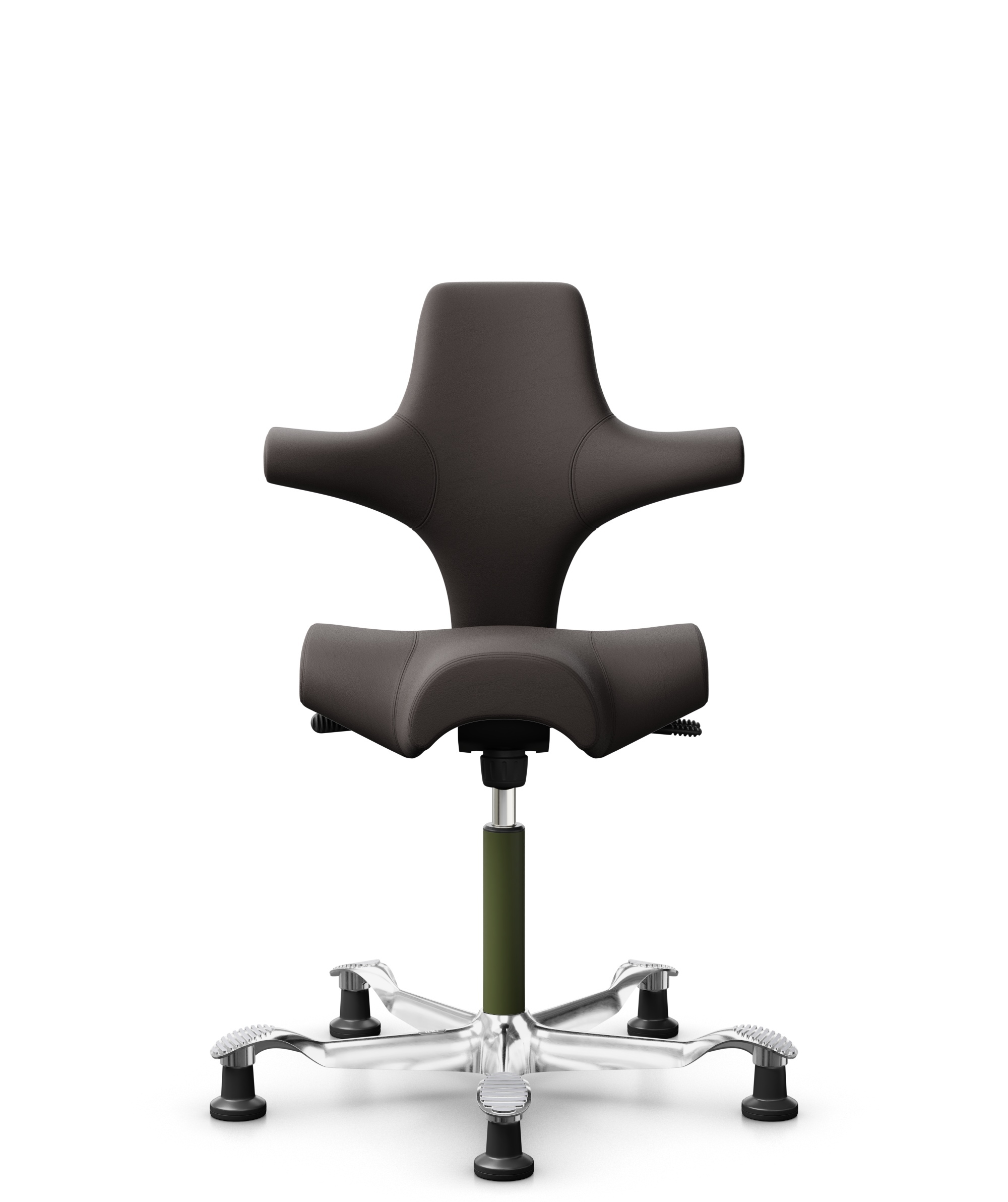 HÅG Capisco 8106 - Elmosoft (Elmo) - Semi-aniline Leder - EL93068 - Dark brown - Framekleur - Moss Grey - Gasveer - 265 mm (Zithoogte 53-79cm) - Vloercontact - Glijdoppen - Voetenring - Nee, geen voetenring - Voetster - Ja, voetster in gepolijst aluminium - 1