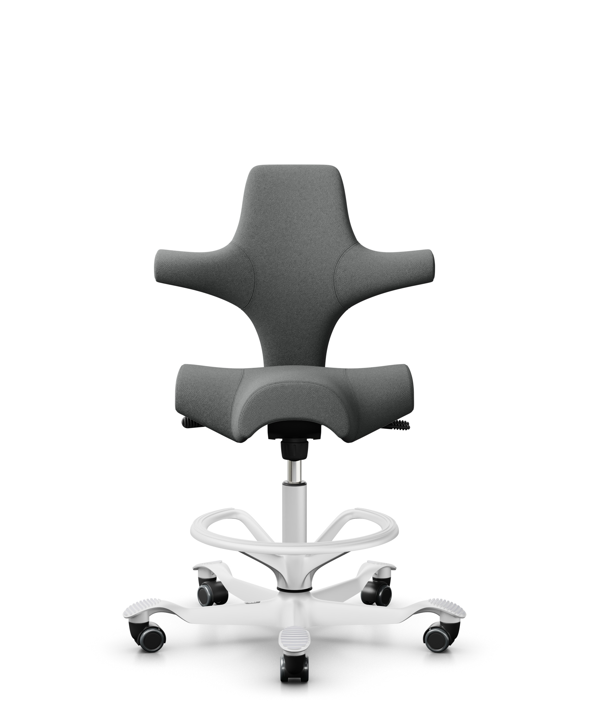 HÅG Capisco 8106 - Cura Loop (Gabriel) - Gerecycled Polyester - CLP60109 - Grey - Framekleur - Wit - Gasveer - 200 mm (Zithoogte 46-64cm) - Vloercontact - Harde wielen t.b.v. zachte vloeren - Voetenring - Ja, in framekleur - Voetster - Nee, voetster in... - 1