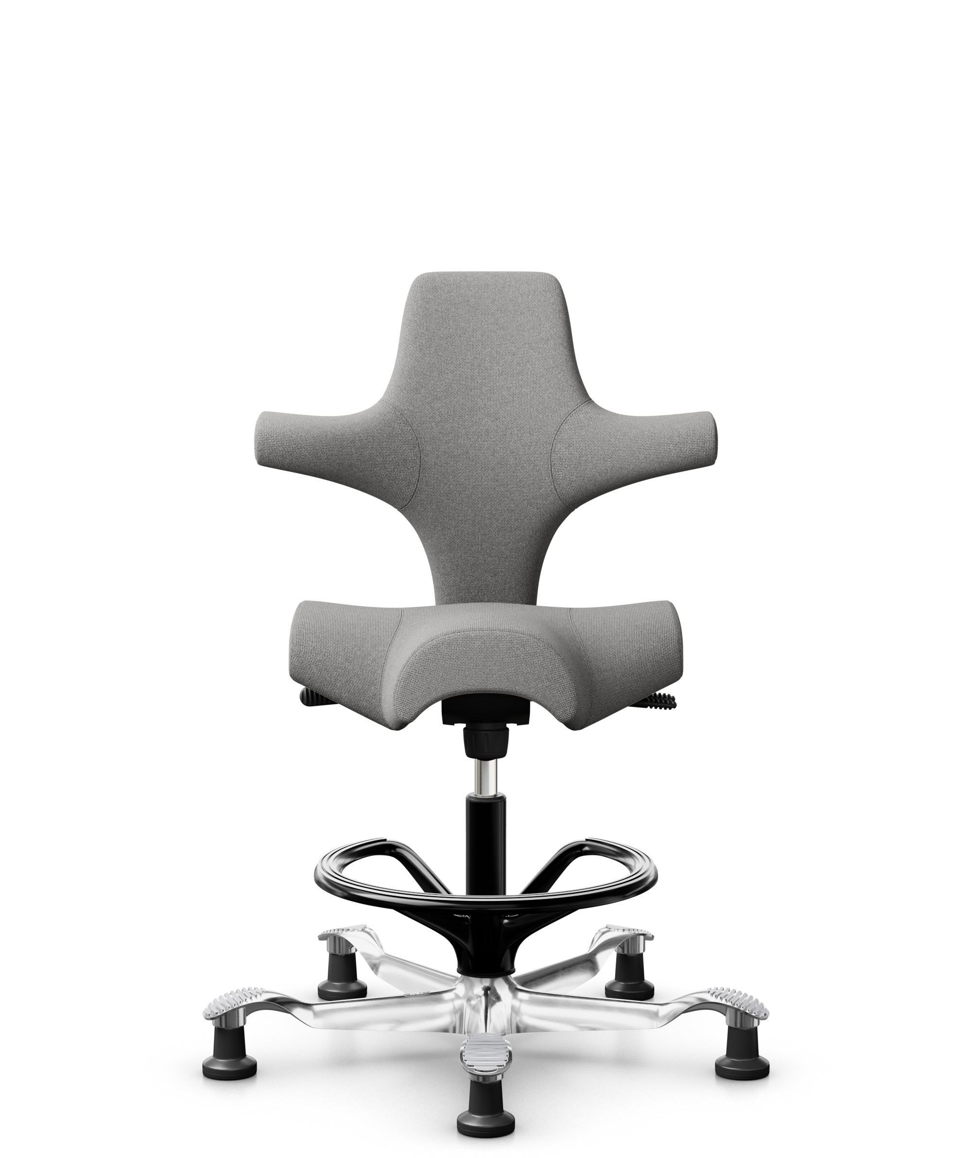 HÅG Capisco 8106 - Cura Loop (Gabriel) - Gerecycled Polyester - CLP60110 Light grey - Framekleur - Zwart - Gasveer - 200 mm (Zithoogte 46-64cm) - Vloercontact - Glijdoppen - Voetenring - Ja, in framekleur - Voetster - Ja, voetster in gepolijst aluminium - 1