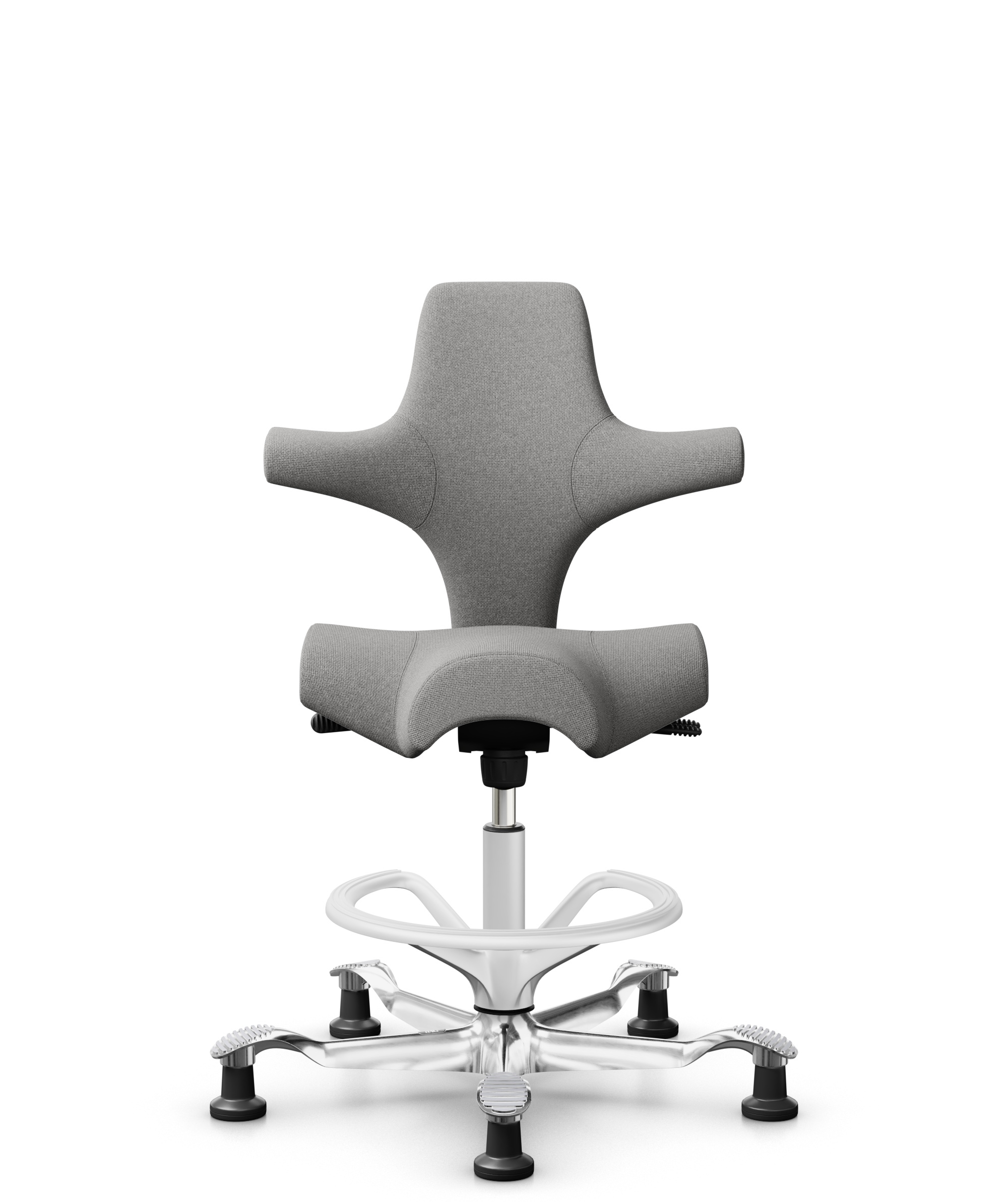 HÅG Capisco 8106 - Cura Loop (Gabriel) - Gerecycled Polyester - CLP60110 Light grey - Framekleur - Wit - Gasveer - 265 mm (Zithoogte 53-79cm) - Vloercontact - Glijdoppen - Voetenring - Ja, in framekleur - Voetster - Ja, voetster in gepolijst aluminium - 1