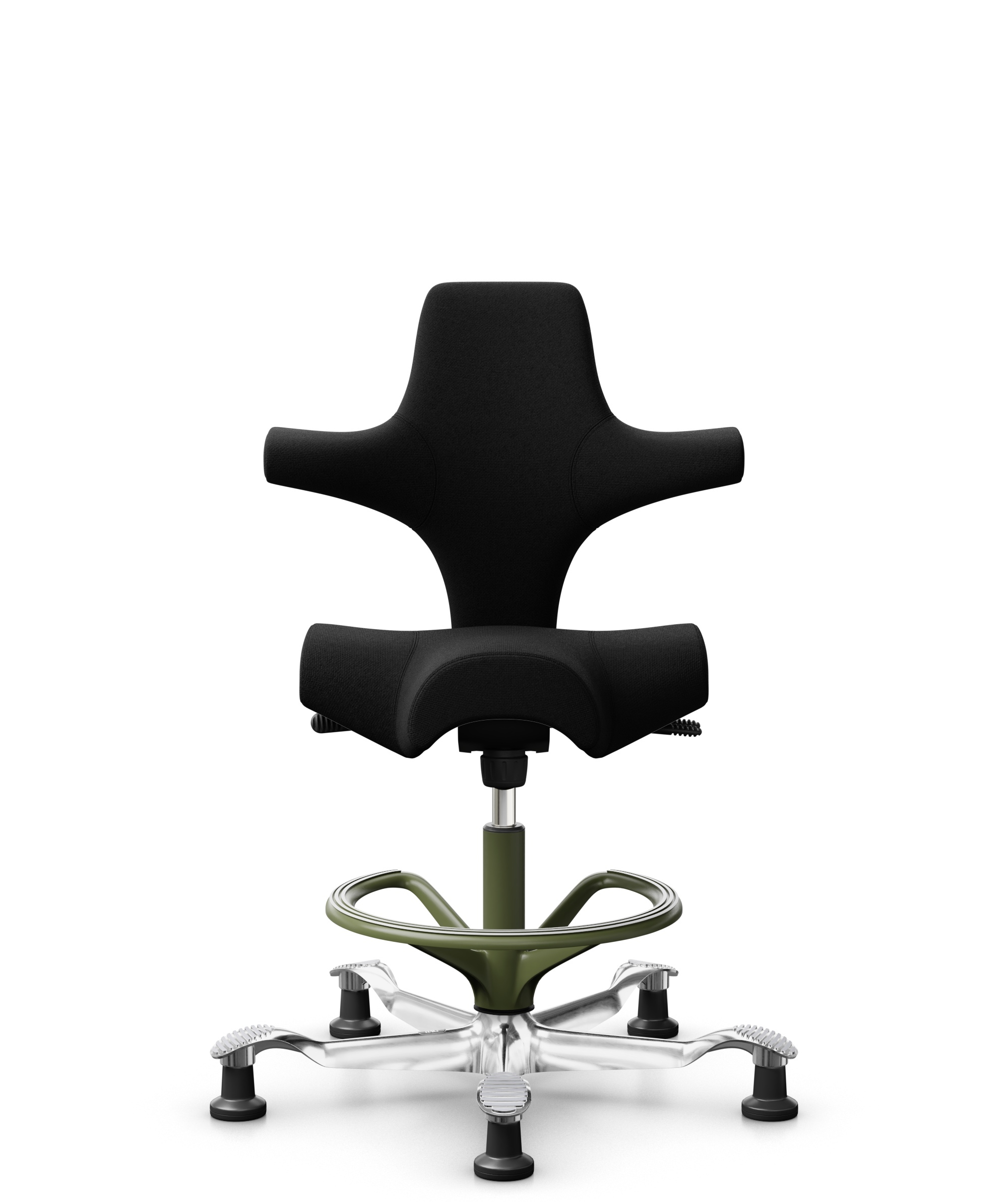 HÅG Capisco 8106 - Cura Loop (Gabriel) - Gerecycled Polyester - CLP60999 Black - Framekleur - Moss Grey - Gasveer - 200 mm (Zithoogte 46-64cm) - Vloercontact - Glijdoppen - Voetenring - Ja, in framekleur - Voetster - Ja, voetster in gepolijst aluminium - 1