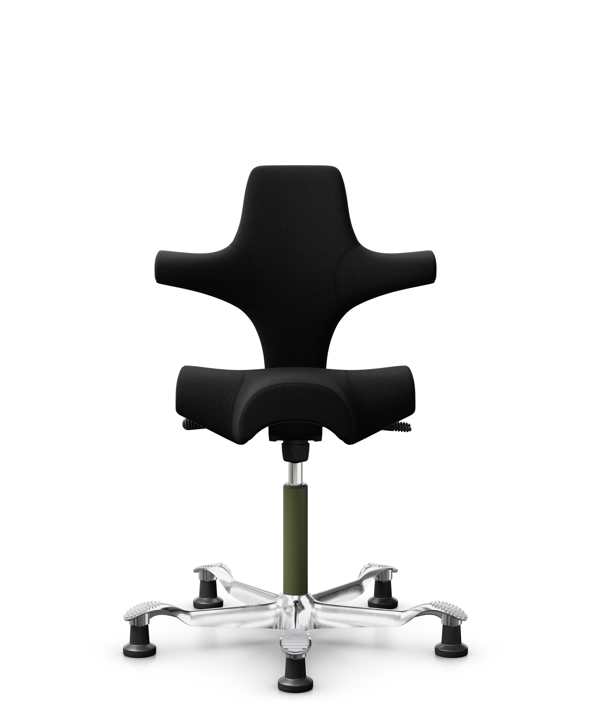 HÅG Capisco 8106 - Cura Loop (Gabriel) - Gerecycled Polyester - CLP60999 Black - Framekleur - Moss Grey - Gasveer - 265 mm (Zithoogte 53-79cm) - Vloercontact - Glijdoppen - Voetenring - Nee, geen voetenring - Voetster - Ja, voetster in gepolijst aluminium - 1