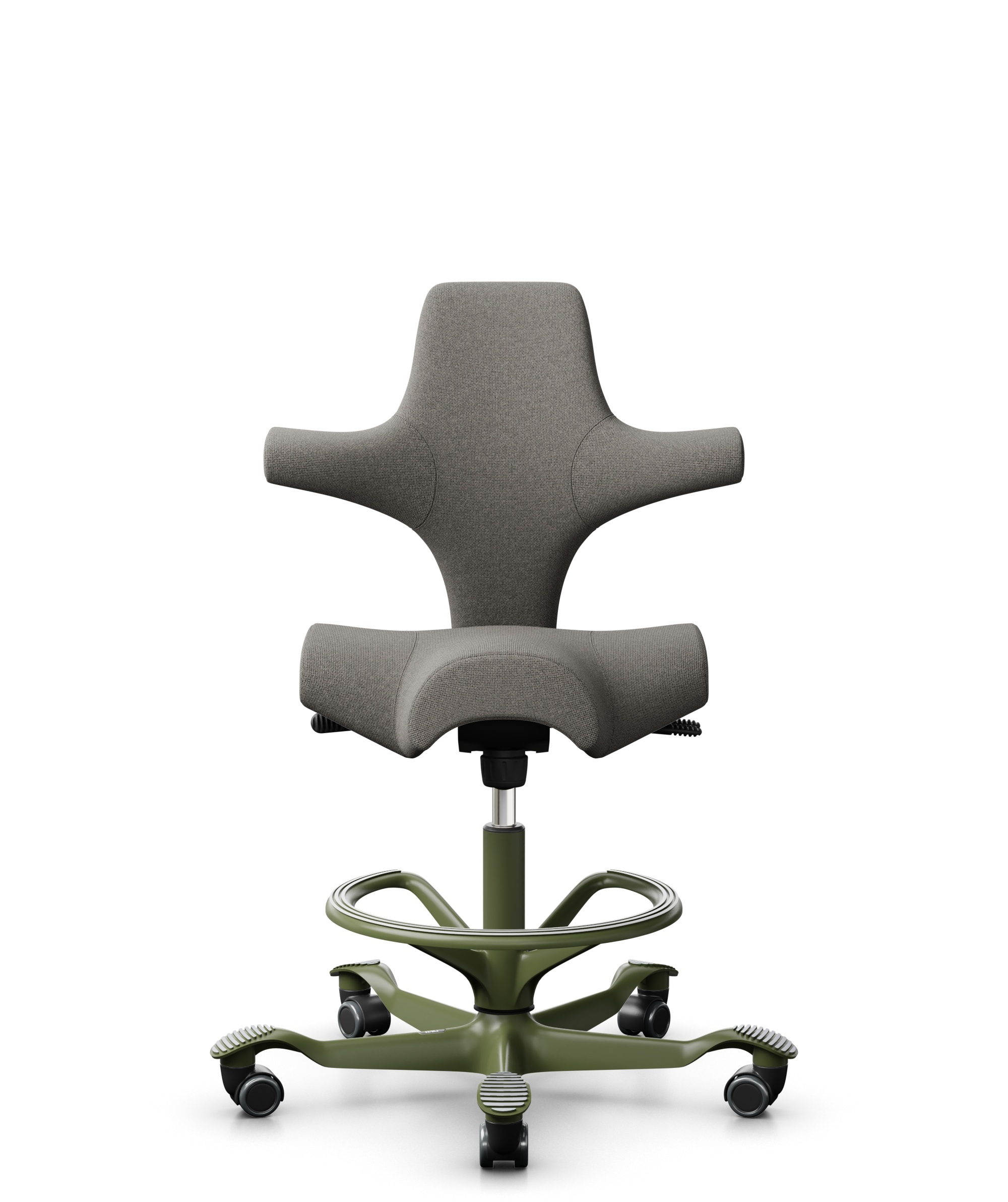 HÅG Capisco 8106 - Cura Loop (Gabriel) - Gerecycled Polyester - CLP61168 Beige-grey - Framekleur - Moss Grey - Gasveer - 265 mm (Zithoogte 53-79cm) - Vloercontact - Harde wielen t.b.v. zachte vloeren - Voetenring - Ja, in framekleur - Voetster - Nee, v... - 1