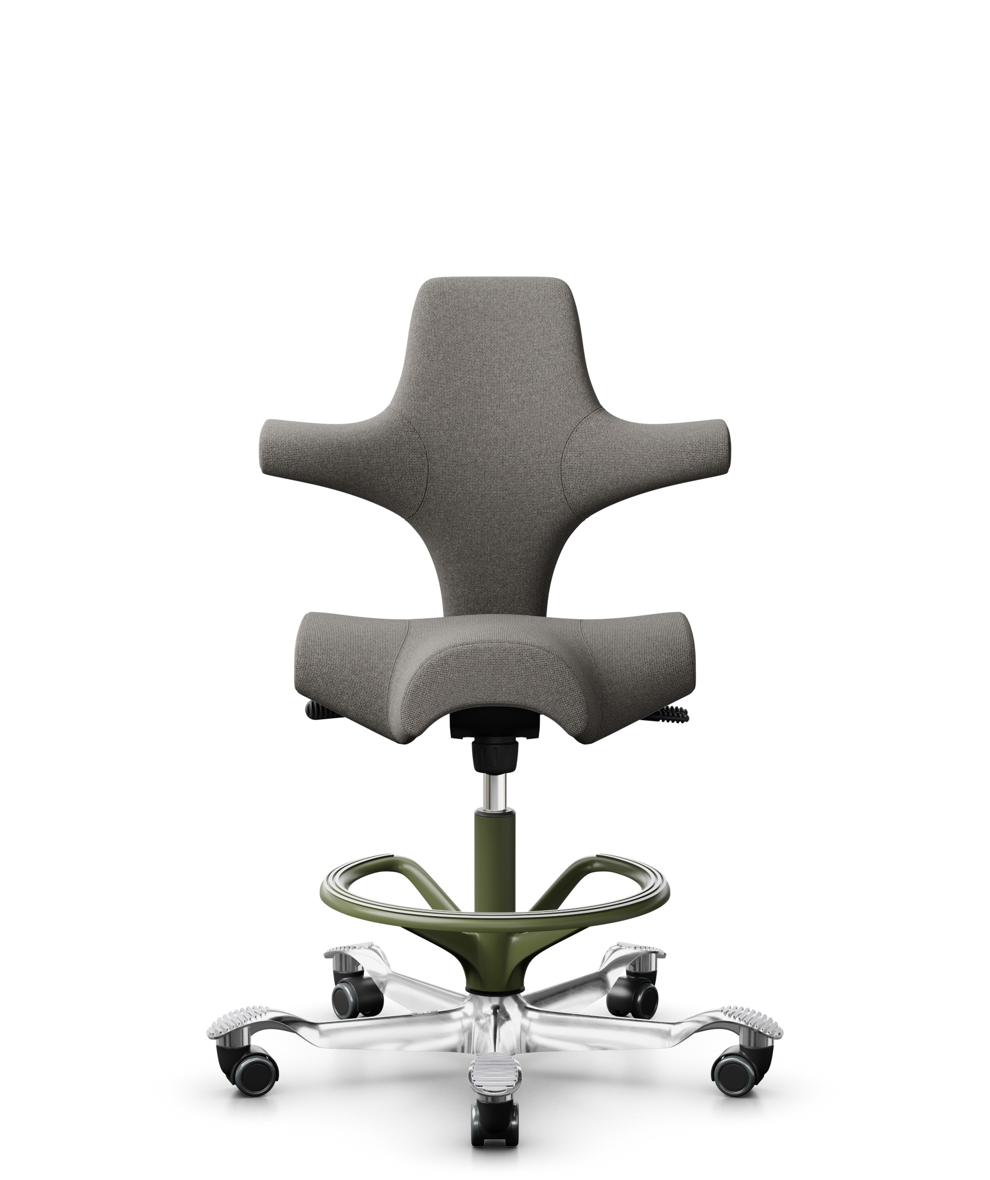 HÅG Capisco 8106 - Cura Loop (Gabriel) - Gerecycled Polyester - CLP61168 Beige-grey - Framekleur - Moss Grey - Gasveer - 265 mm (Zithoogte 53-79cm) - Vloercontact - Harde wielen t.b.v. zachte vloeren - Voetenring - Ja, in framekleur - Voetster - Ja, vo... - 1