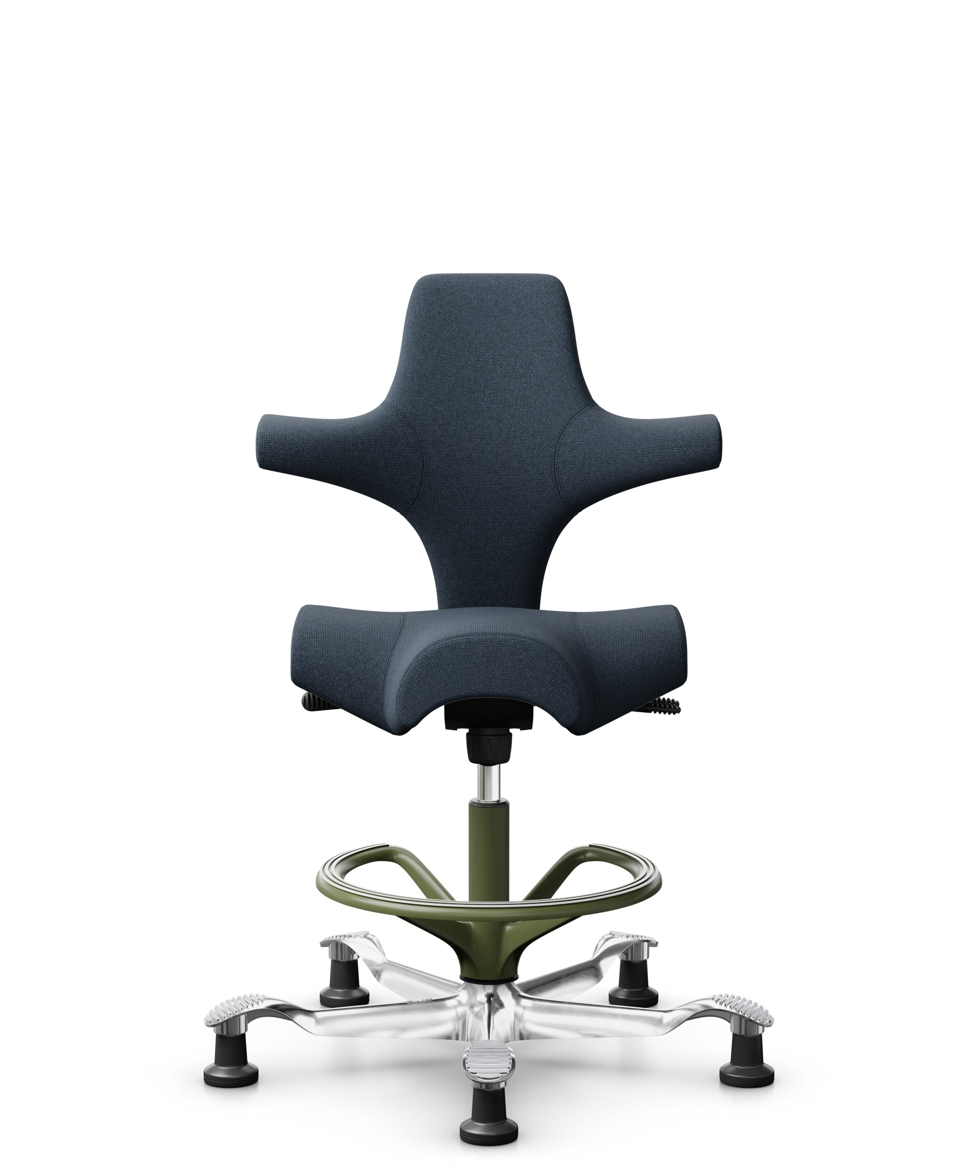 HÅG Capisco 8106 - Cura Loop (Gabriel) - Gerecycled Polyester - CLP66165 Blue - Framekleur - Moss Grey - Gasveer - 200 mm (Zithoogte 46-64cm) - Vloercontact - Glijdoppen - Voetenring - Ja, in framekleur - Voetster - Ja, voetster in gepolijst aluminium - 1