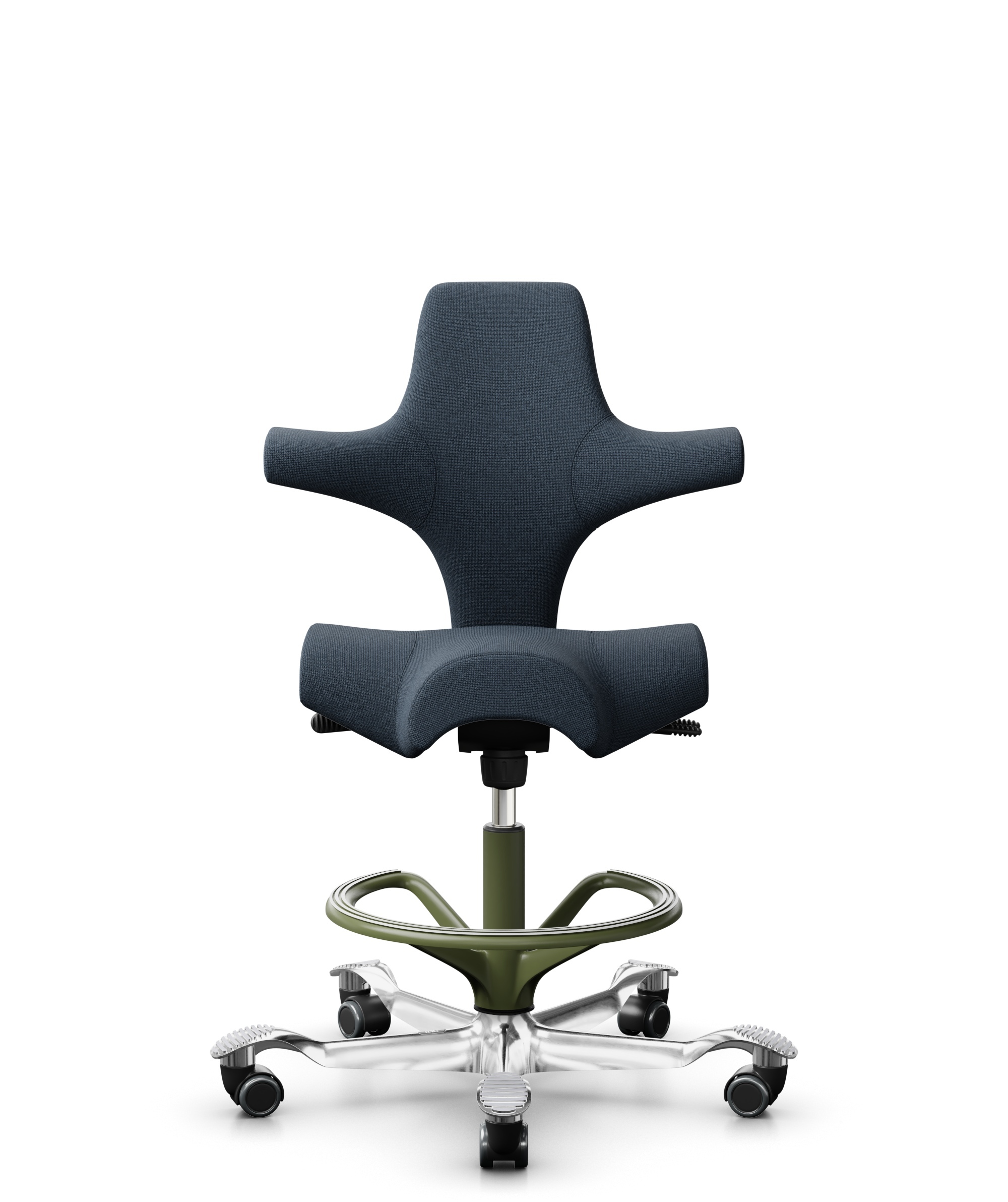 HÅG Capisco 8106 - Cura Loop (Gabriel) - Gerecycled Polyester - CLP66165 Blue - Framekleur - Moss Grey - Gasveer - 265 mm (Zithoogte 53-79cm) - Vloercontact - Harde wielen t.b.v. zachte vloeren - Voetenring - Ja, in framekleur - Voetster - Ja, voetster... - 1
