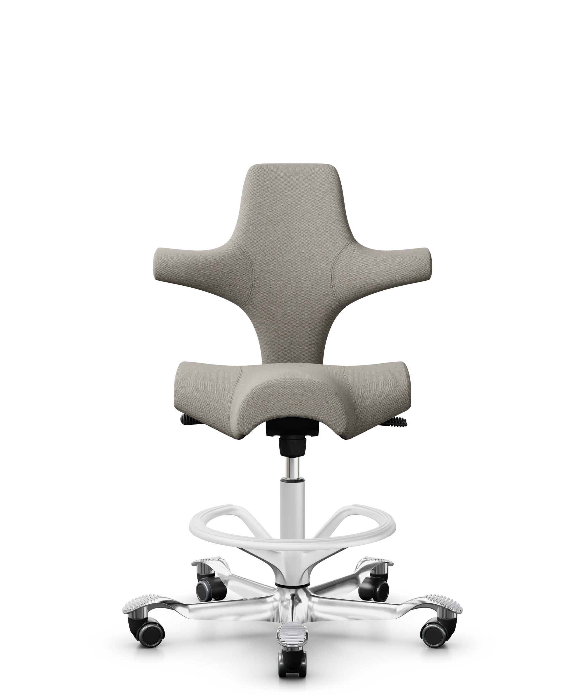 HÅG Capisco 8106 - Mainline Flax (Camira) - Wol / Vlas - MLF002 Beige-Grey - Framekleur - Wit - Gasveer - 265 mm (Zithoogte 53-79cm) - Vloercontact - Harde wielen t.b.v. zachte vloeren - Voetenring - Ja, in framekleur - Voetster - Ja, voetster in gepol... - 1