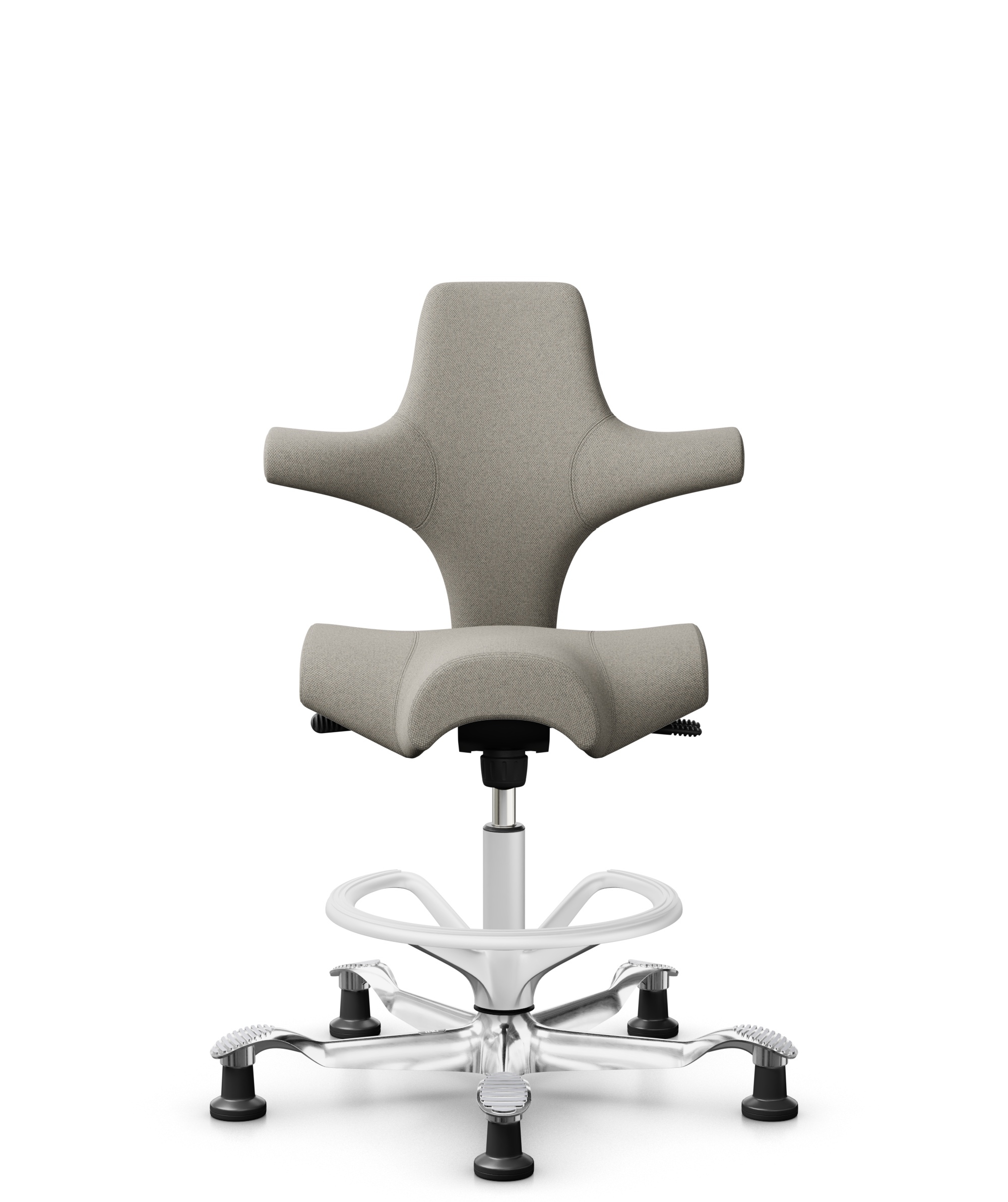 HÅG Capisco 8106 - Mainline Flax (Camira) - Wol / Vlas - MLF002 Beige-Grey - Framekleur - Wit - Gasveer - 265 mm (Zithoogte 53-79cm) - Vloercontact - Glijdoppen - Voetenring - Ja, in framekleur - Voetster - Ja, voetster in gepolijst aluminium - 1