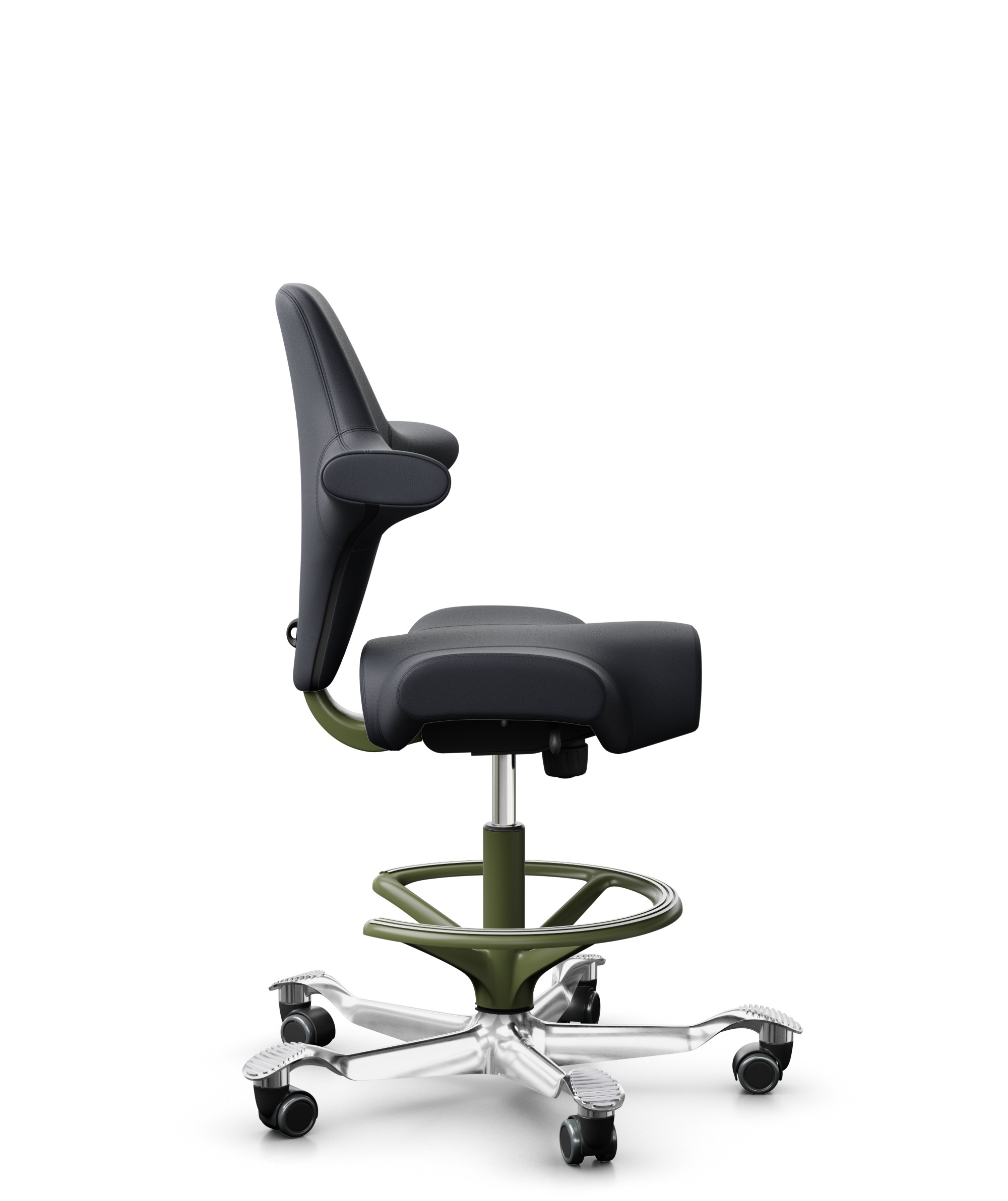 HÅG Capisco 8106 - Paloma Soft (Wollsdorf) - Semi-aniline Leder - PL55185 Charcoal - Framekleur - Moss Grey - Gasveer - 200 mm (Zithoogte 46-64cm) - Vloercontact - Harde wielen t.b.v. zachte vloeren - Voetenring - Ja, in framekleur - Voetster - Ja, voe... - 1
