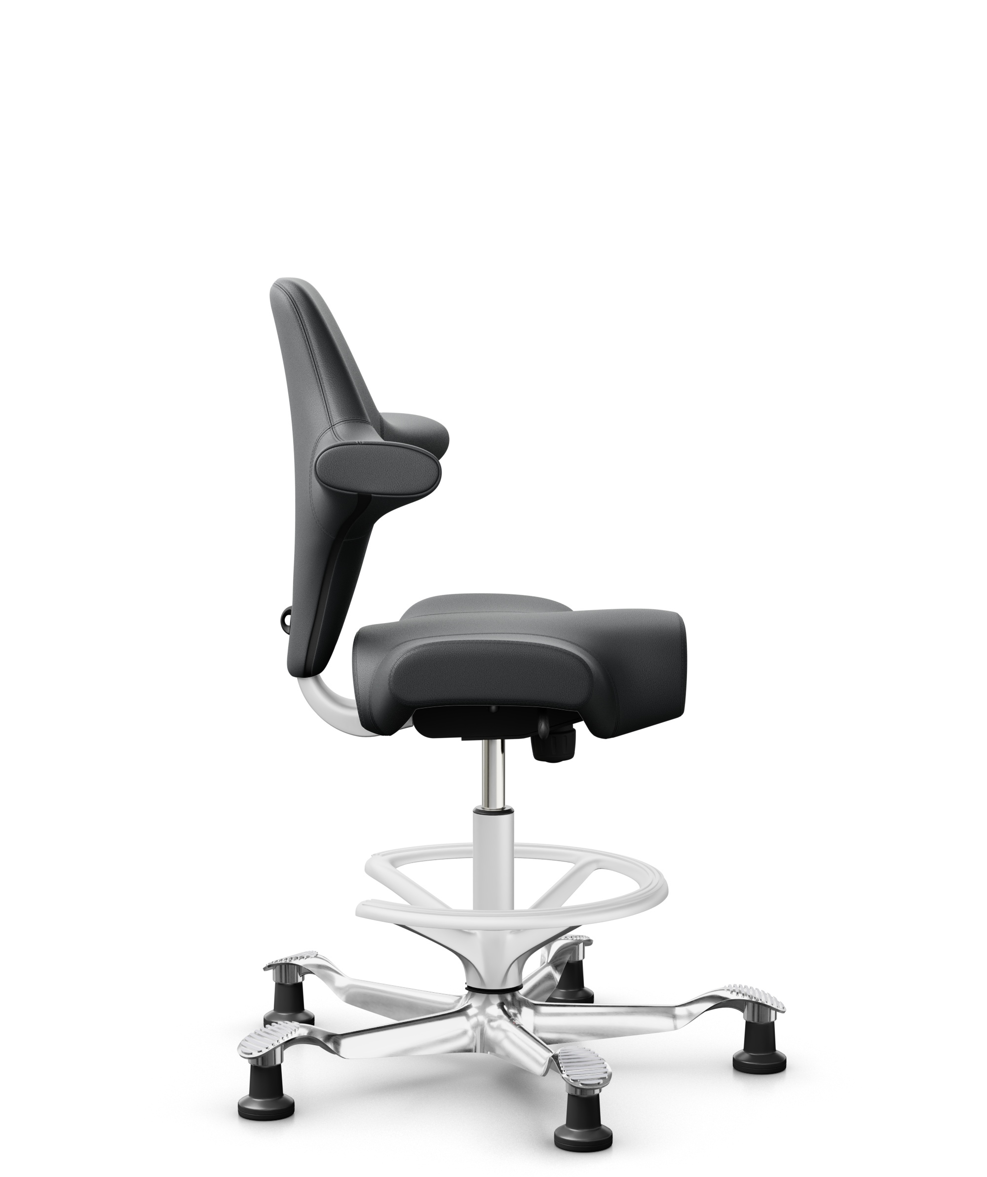 HÅG Capisco 8106 - Paloma Soft (Wollsdorf) - Semi-aniline Leder - PL55206 Grey - Framekleur - Wit - Gasveer - 265 mm (Zithoogte 53-79cm) - Vloercontact - Glijdoppen - Voetenring - Ja, in framekleur - Voetster - Ja, voetster in gepolijst aluminium - 1