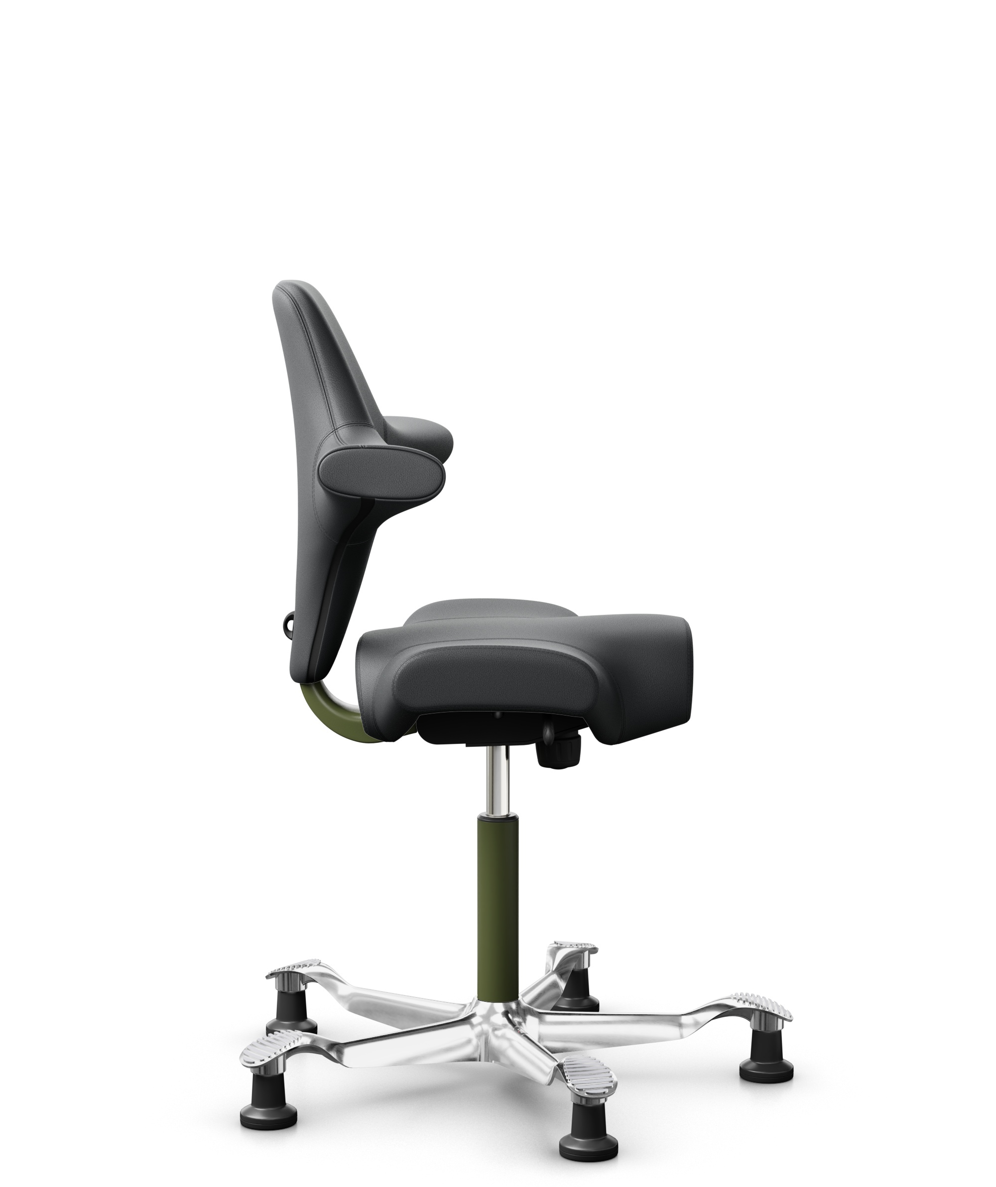 HÅG Capisco 8106 - Paloma Soft (Wollsdorf) - Semi-aniline Leder - PL55206 Grey - Framekleur - Moss Grey - Gasveer - 200 mm (Zithoogte 46-64cm) - Vloercontact - Glijdoppen - Voetenring - Nee, geen voetenring - Voetster - Ja, voetster in gepolijst aluminium - 1