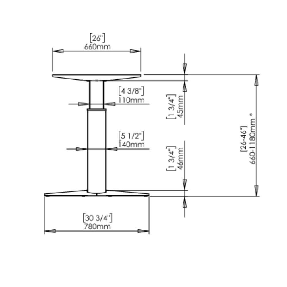 Conset 501 23 Elektrisch bureau onderstel 2 meter verstelbaar tekening zijaanzicht afmetingen