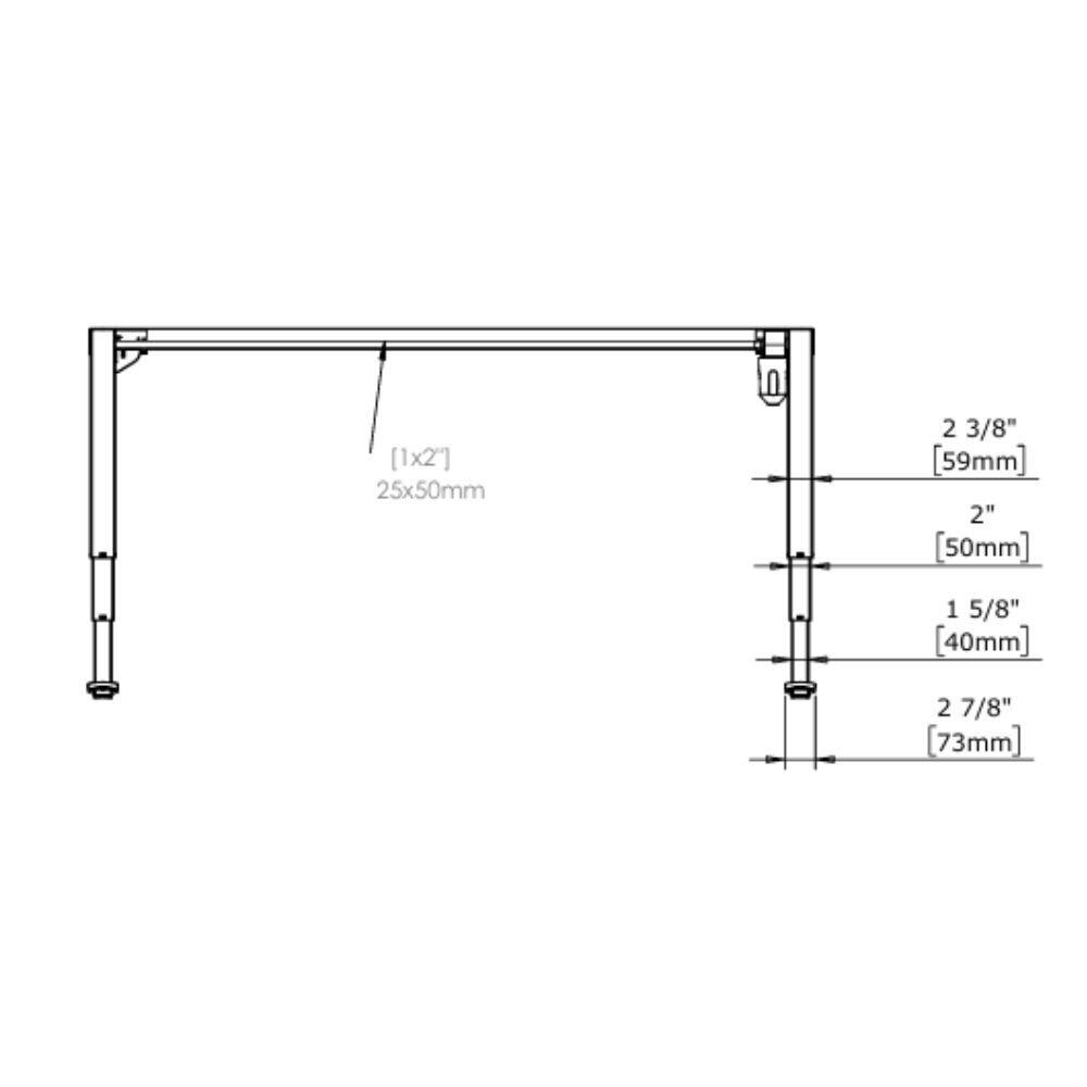 Conset 501 43 Elektrisch bureau onderstel zilver tekening afmetingen vooraanzicht