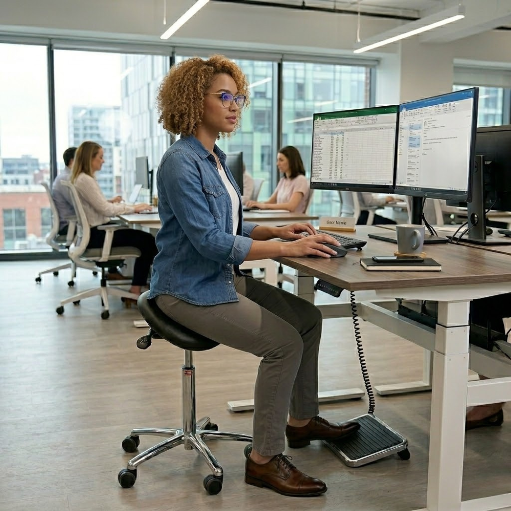 Ergonomische zadelkruk medium zwart  in gebruik op kantoor