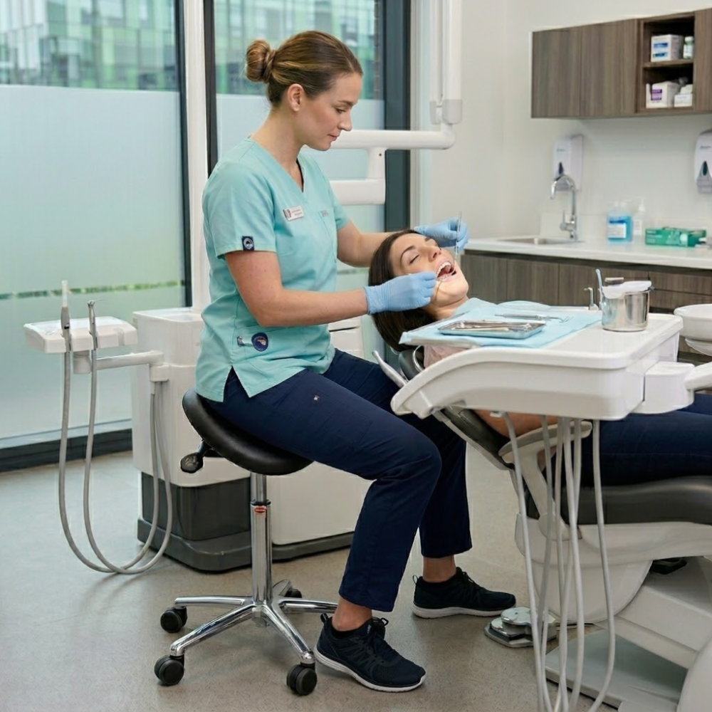 Ergonomische zadelkruk medium zwart  in gebruik tandartspraktijk